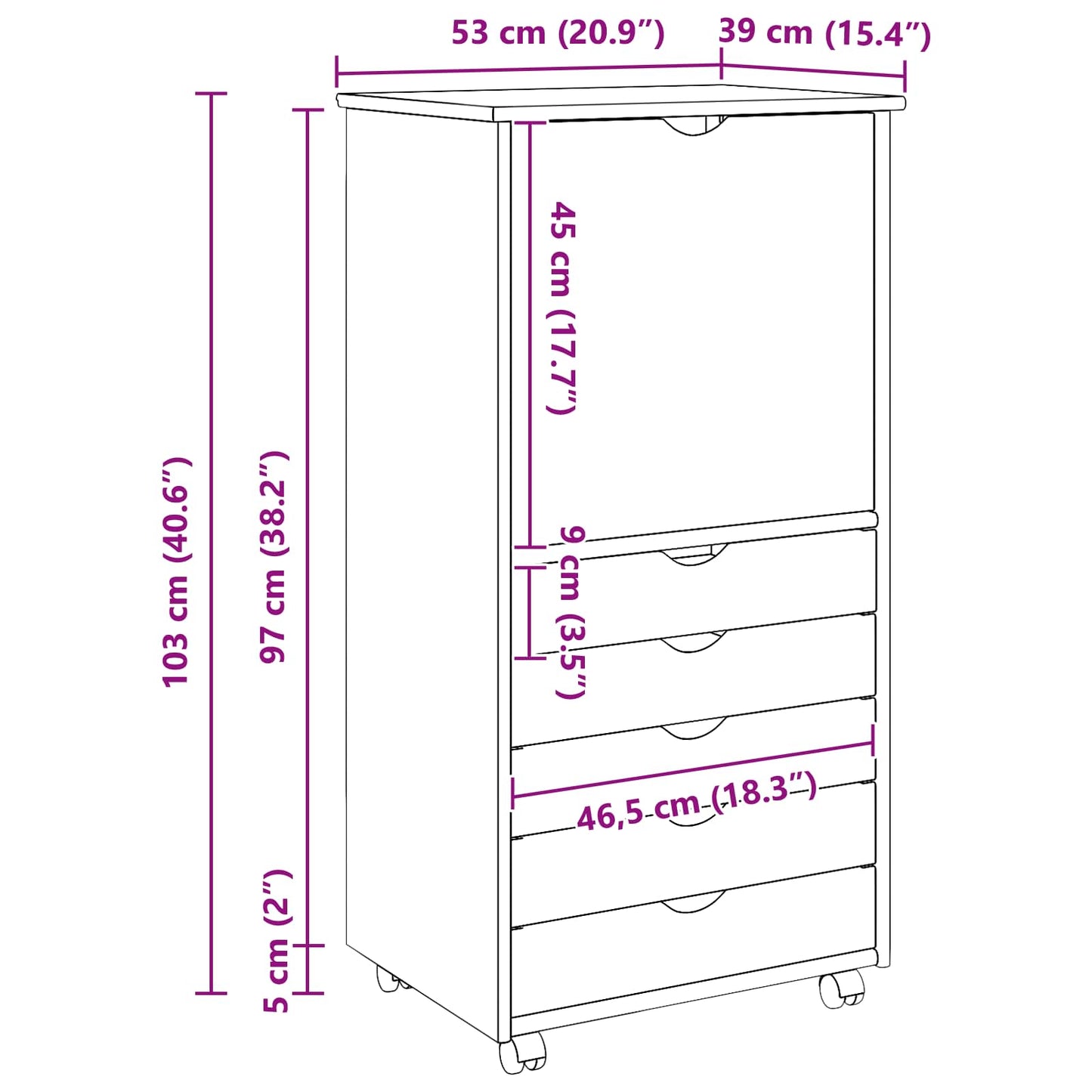 vidaXL Rolling Cabinet Black 53 x 39 x 103 cm Solid Pine Wood