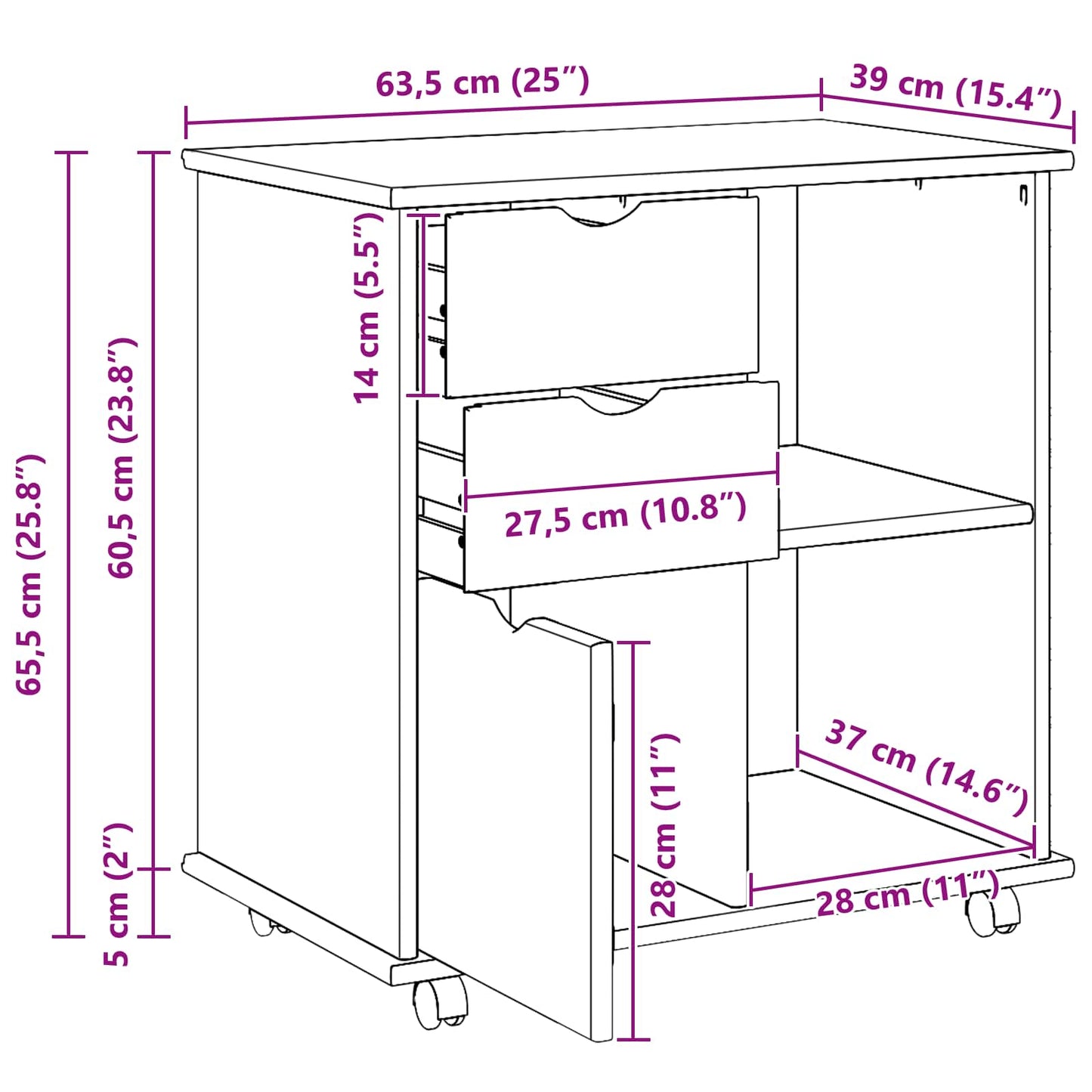 vidaXL Rolling Cabinet Black 63.5 x 39 x 65.5 cm Solid Pine Wood