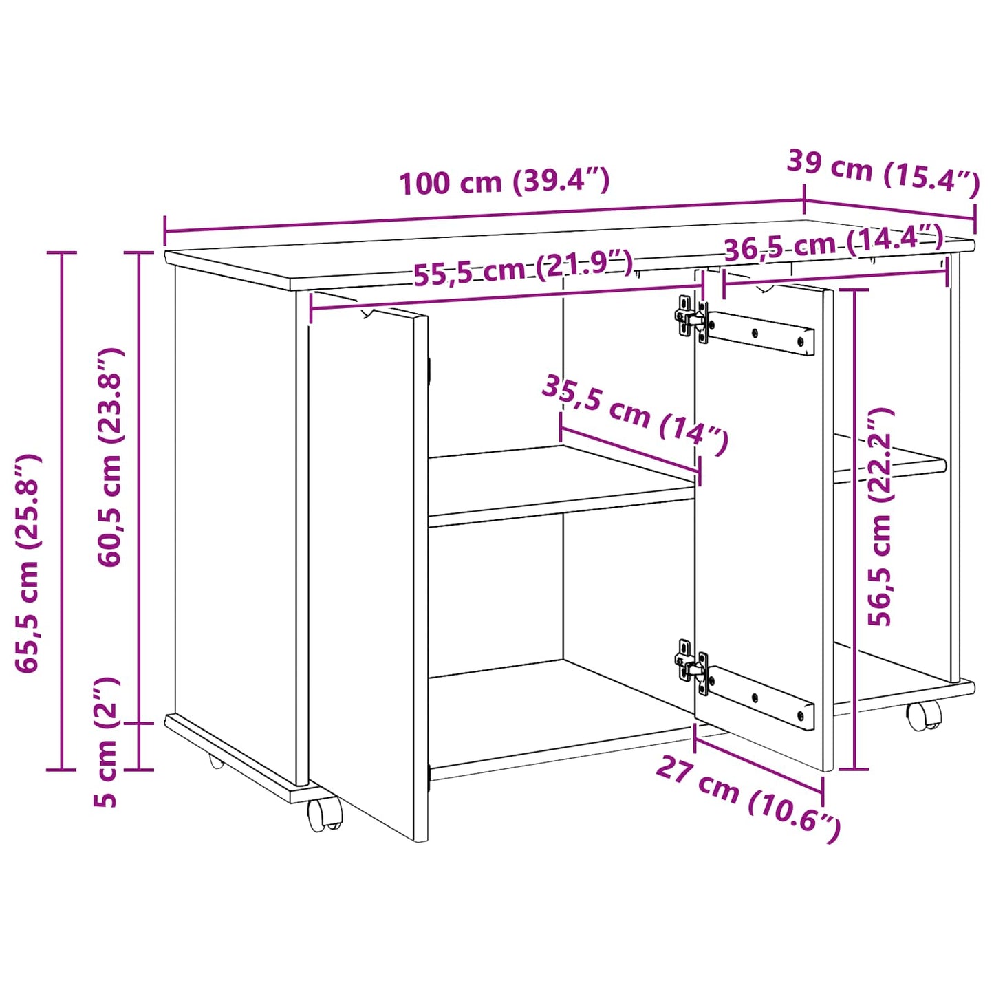 vidaXL Rolling Cabinet Honey Brown 100 x 39 x 65.5 cm Solid Pine Wood