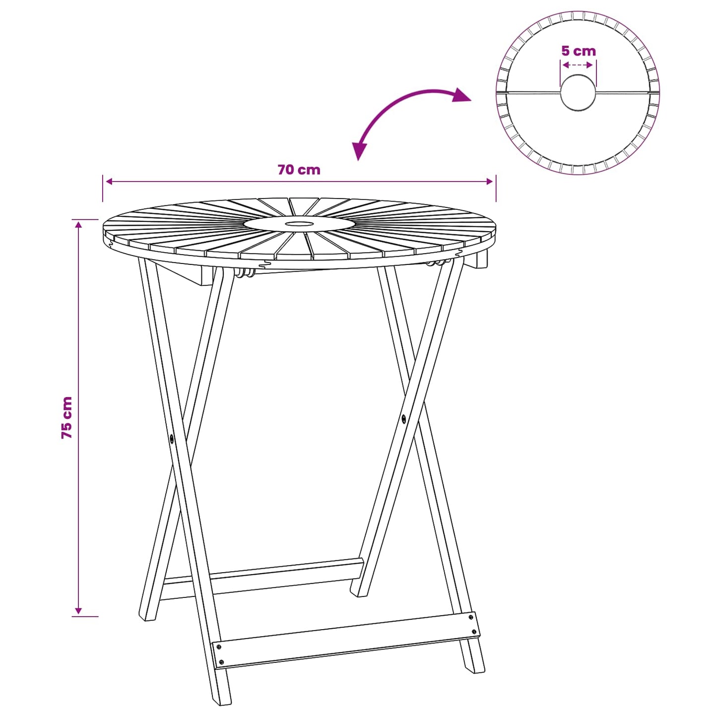 vidaXL Folding Garden Table Natural Ø70 x 75 cm Solid Acacia Wood