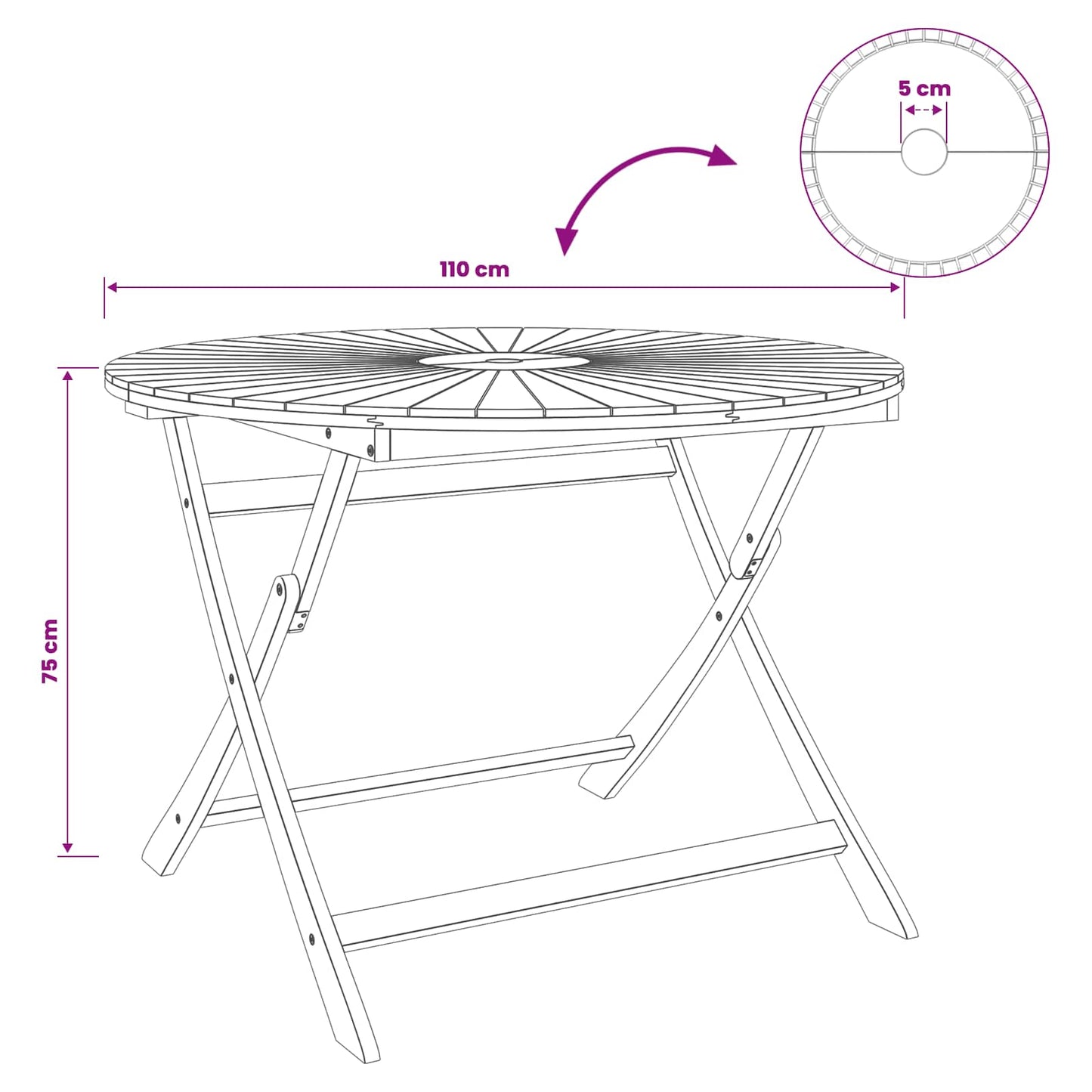 vidaXL Folding Garden Table Natural Ø110 x 75 cm Solid Acacia Wood