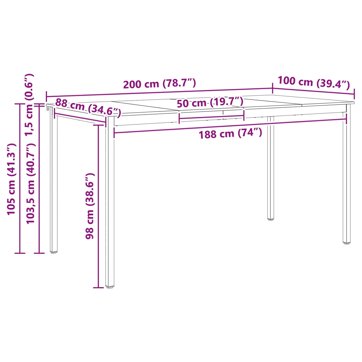 vidaXL Bar Table White 200 x 100 x 105 cm Solid Pine Wood