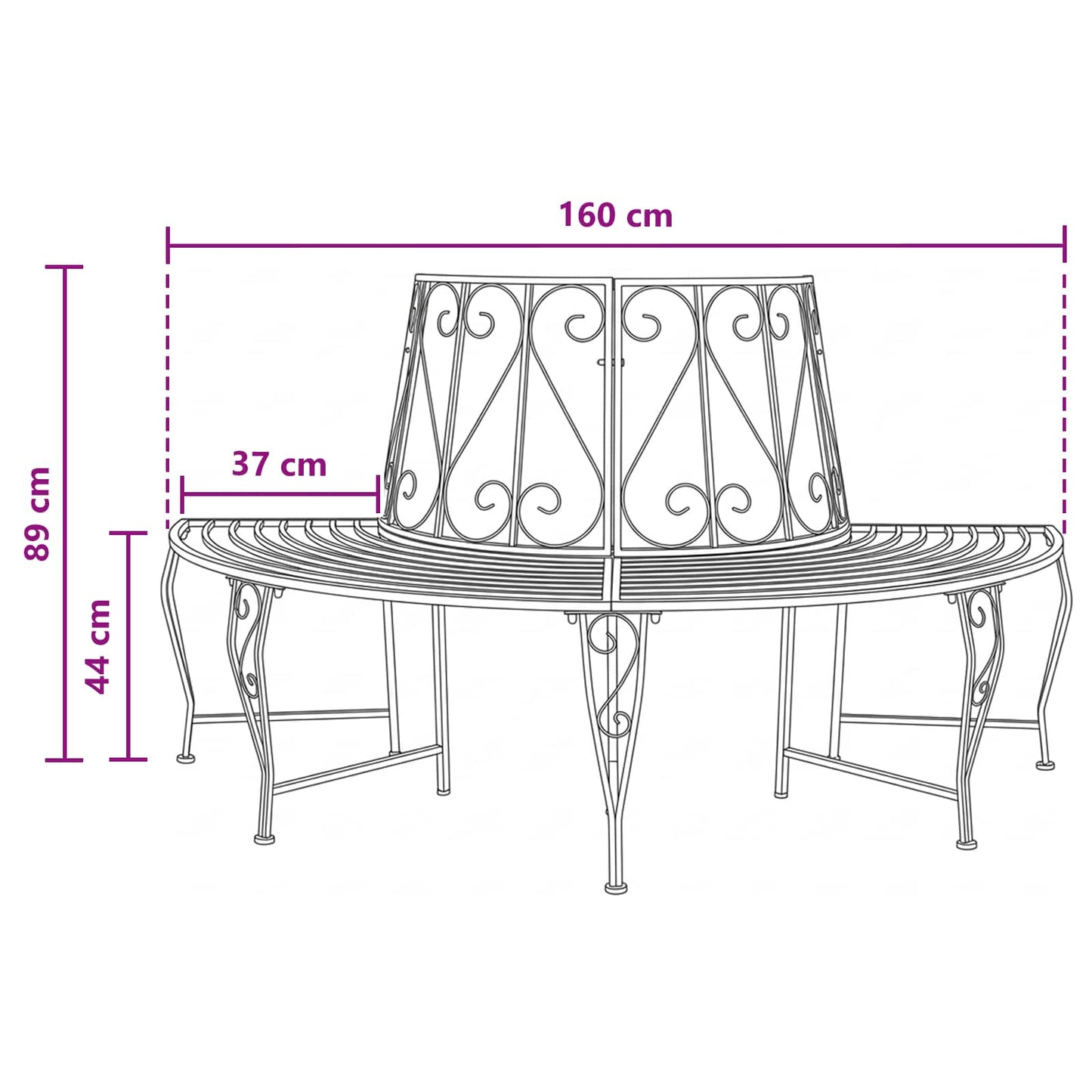 vidaXL Tree Bench 4-Seater 160 x 80 x 89 cm Steel Black Half-round