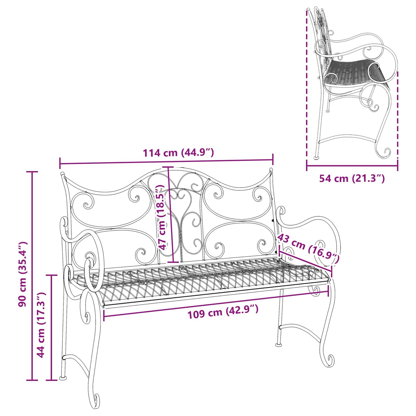 vidaXL Garden Bench 2-Seater 114 x 56.5 x 90 cm Steel Black