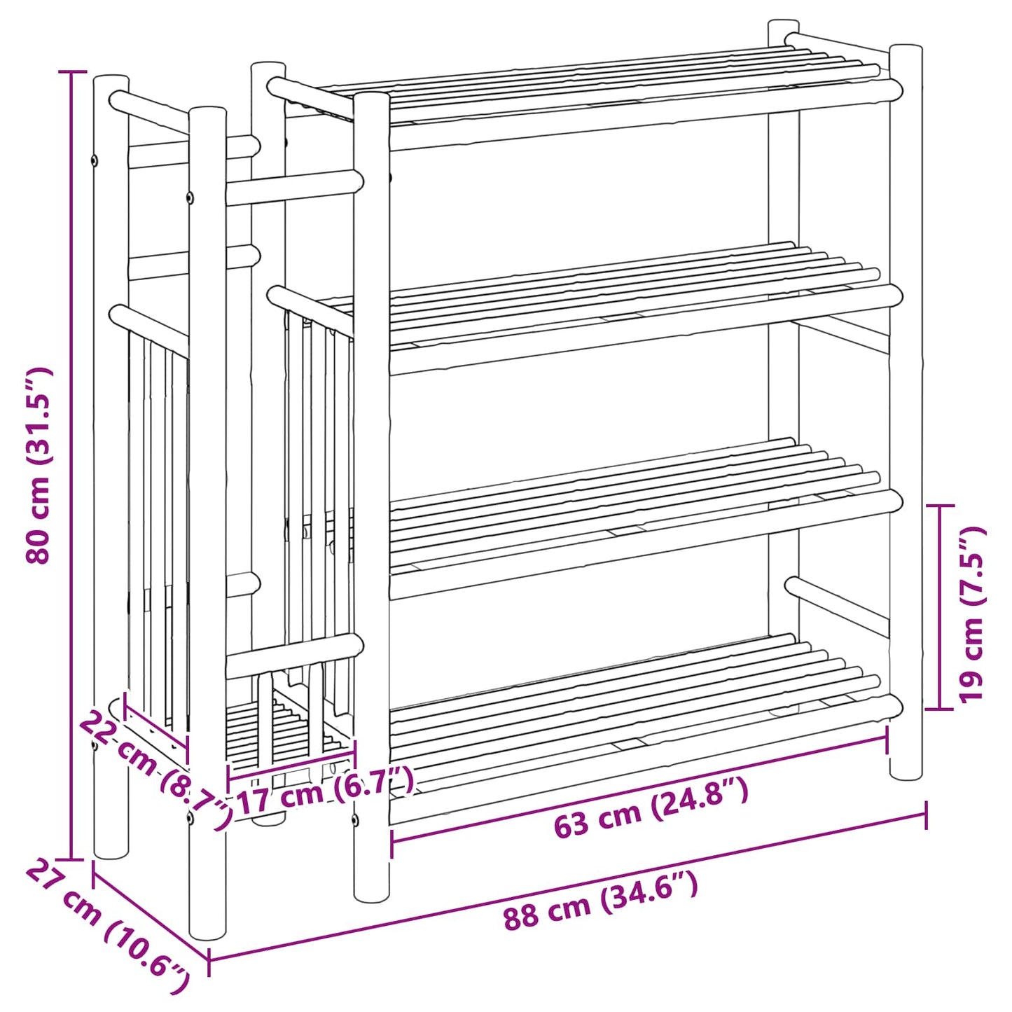 vidaXL Shoe Rack with Shelf Natural 88 x 27 x 80 cm Bamboo
