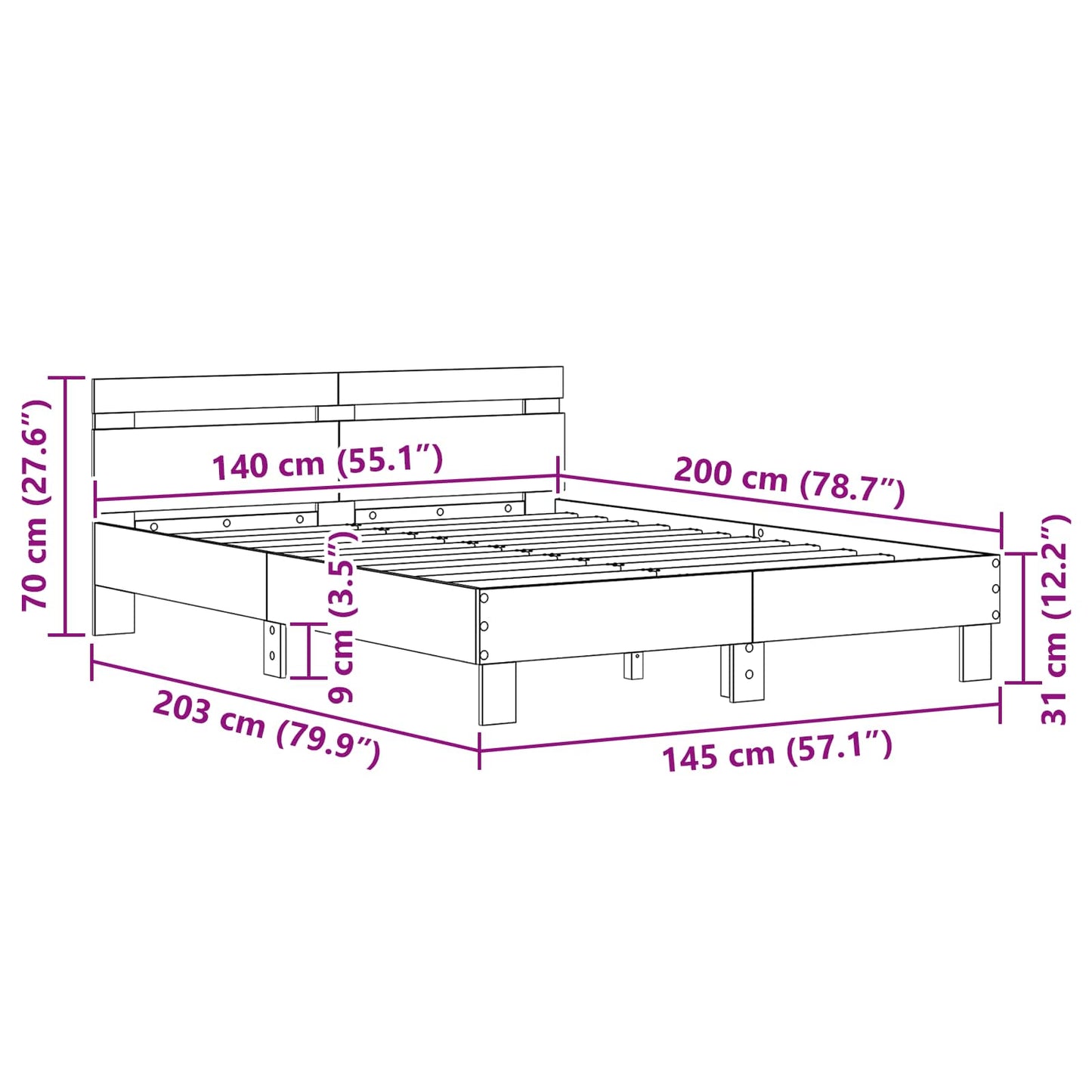 vidaXL Bed Frame Black Oak 140 x 200 cm Engineered Wood