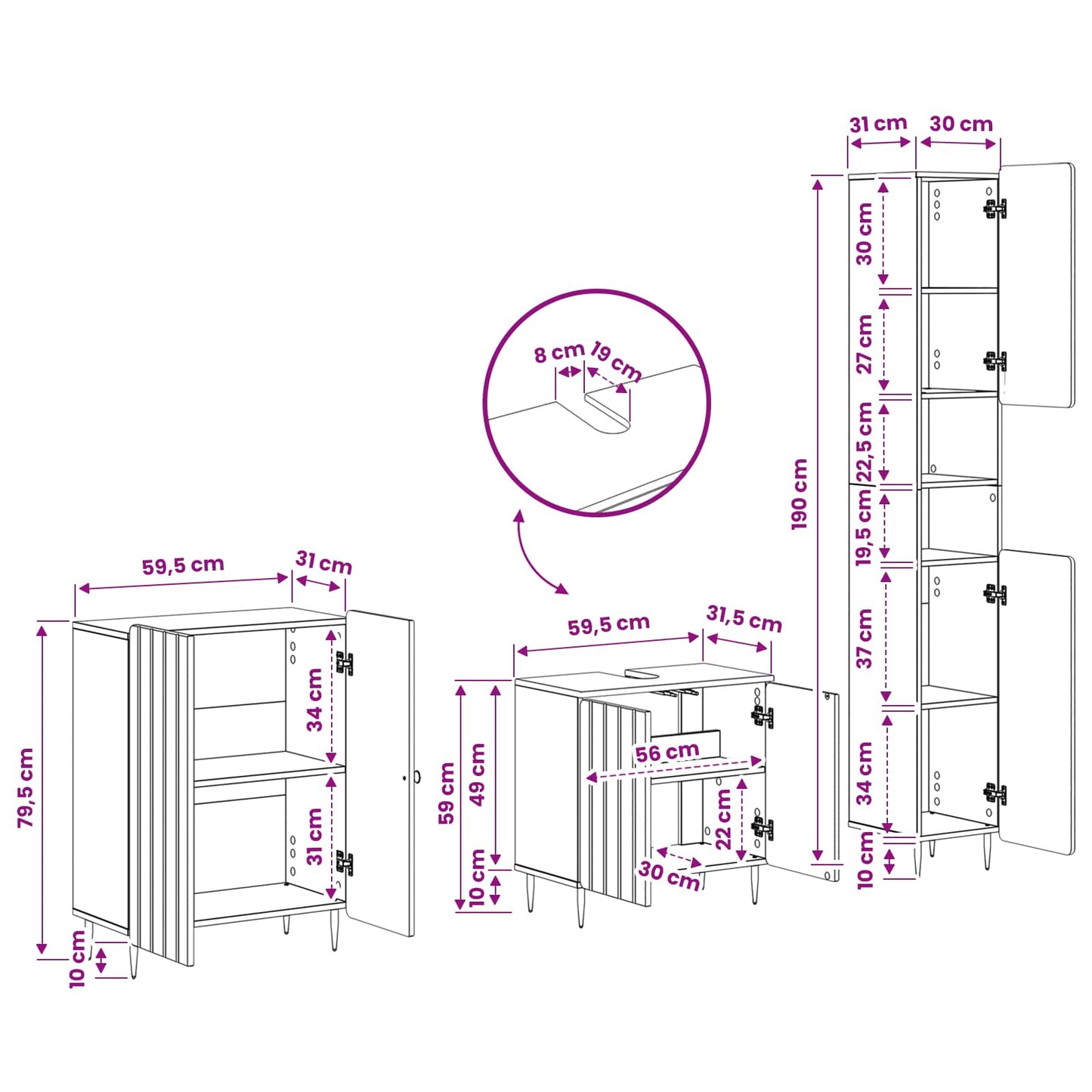 vidaXL 3 Piece Bathroom Cabinet Set ZWOLLE High Gloss White