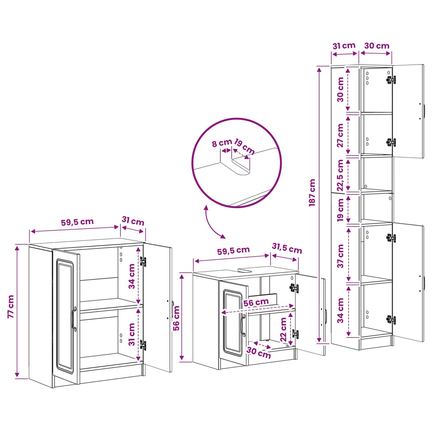 vidaXL 3 Piece Bathroom Cabinet Set UTRECHT High Gloss White