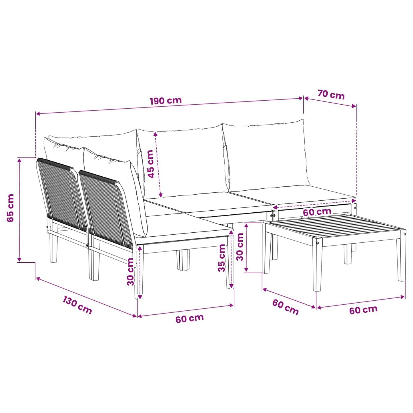 vidaXL 5 pcs Solid Acacia Wood & Rope Natural