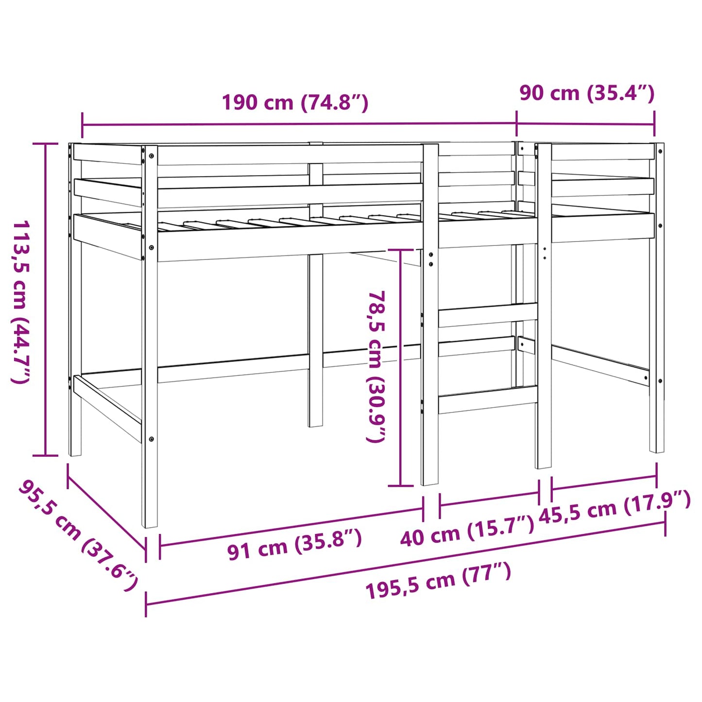 vidaXL Loft Bed Wax Brown 90 x 190 cm Solid Pine Wood