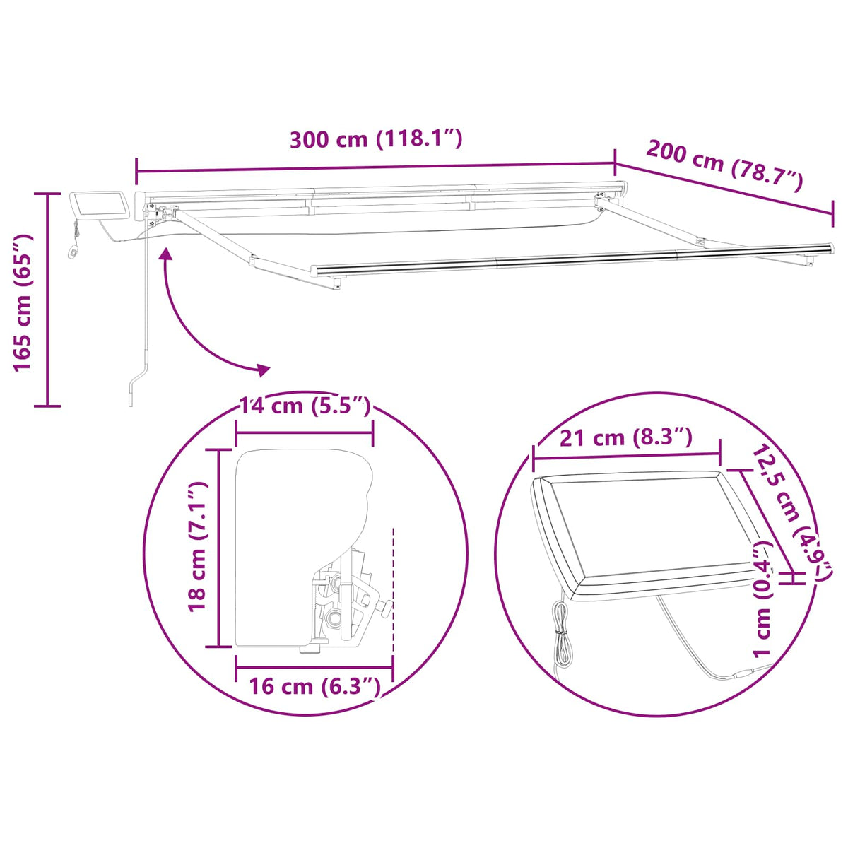 vidaXL Manual Awning Frame with Solar LED 3 x 2 m Anthracite