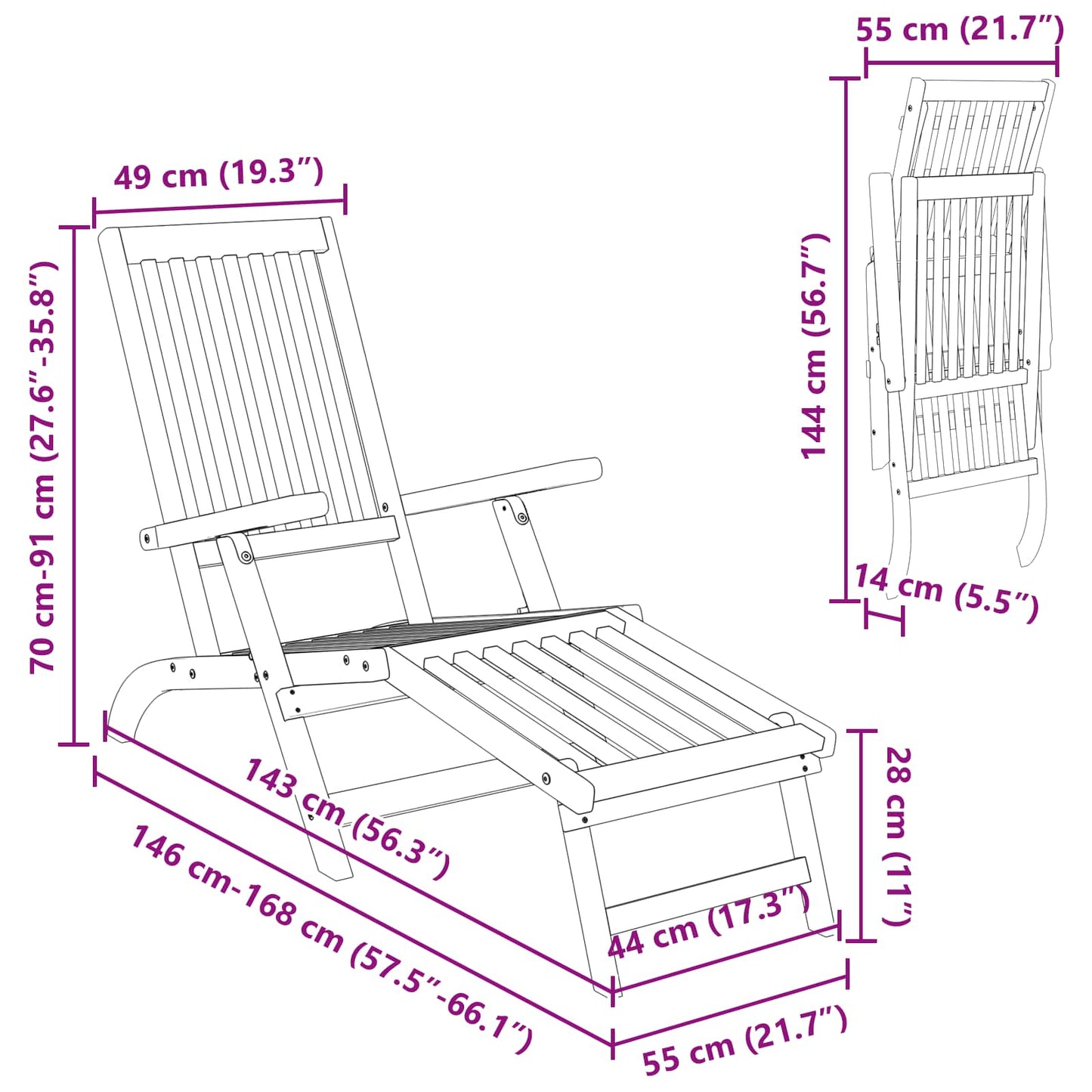 vidaXL Reclining and Folding Sunlounger 2 pcs 55 x 146 x 91 cm