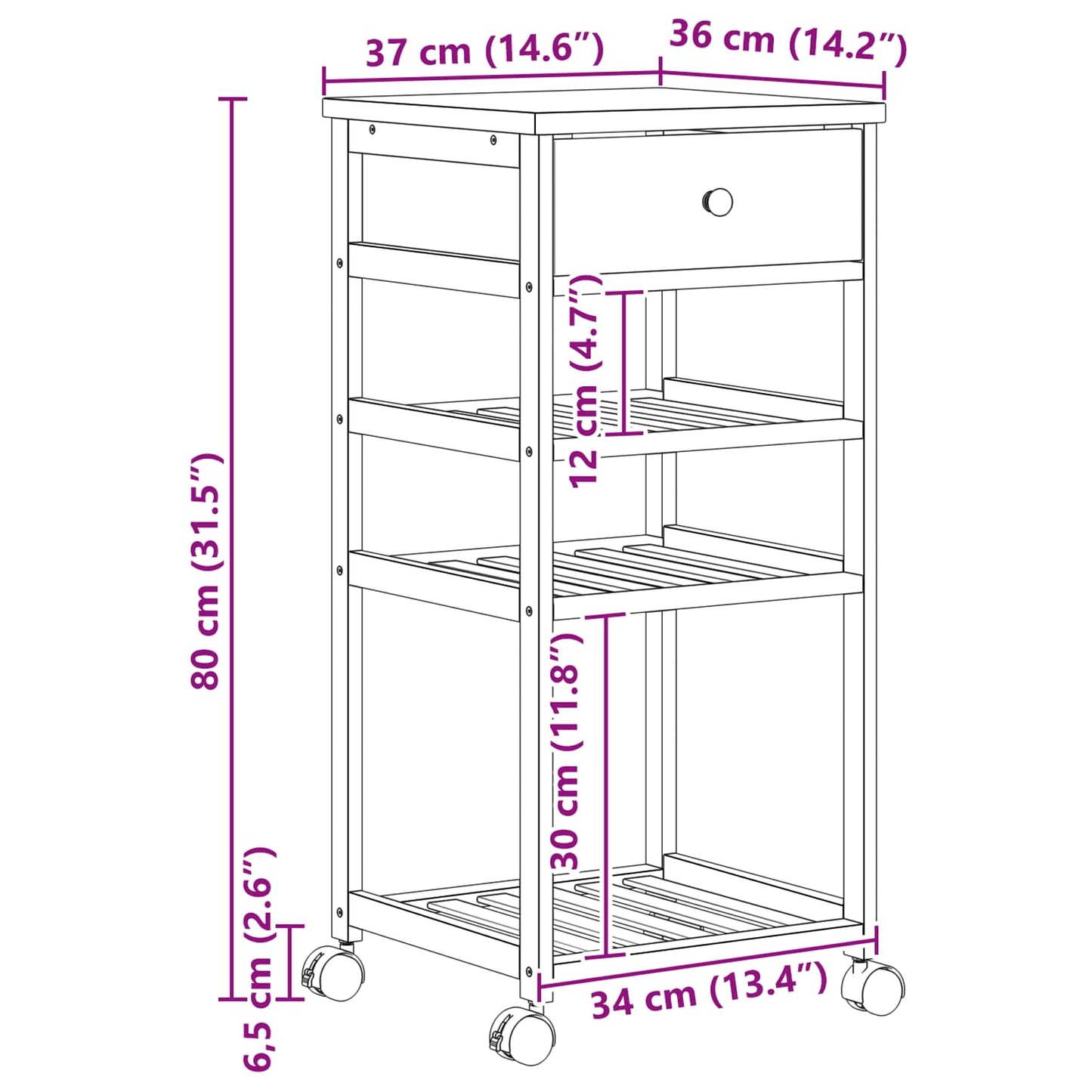 vidaXL Kitchen Trolley with Wheels Natural 37 x 36 x 80 cm Bamboo