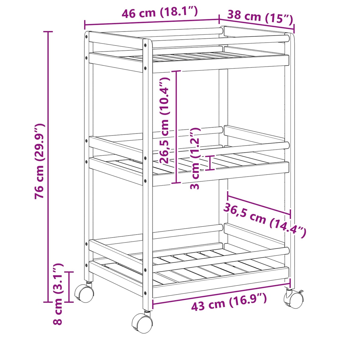 vidaXL Kitchen Trolley with Wheels Natural 46 x 38 x 76 cm Bamboo