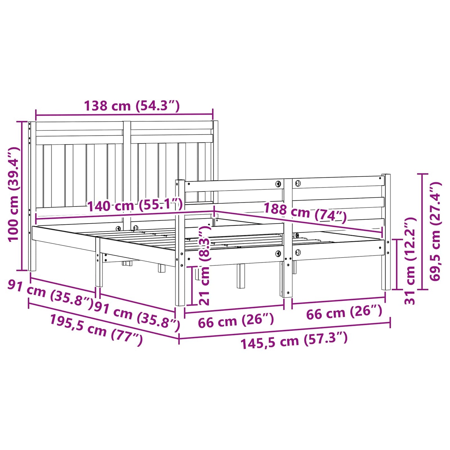 vidaXL Bed Frame with Headboard Wax Brown 140 x 188 cm
