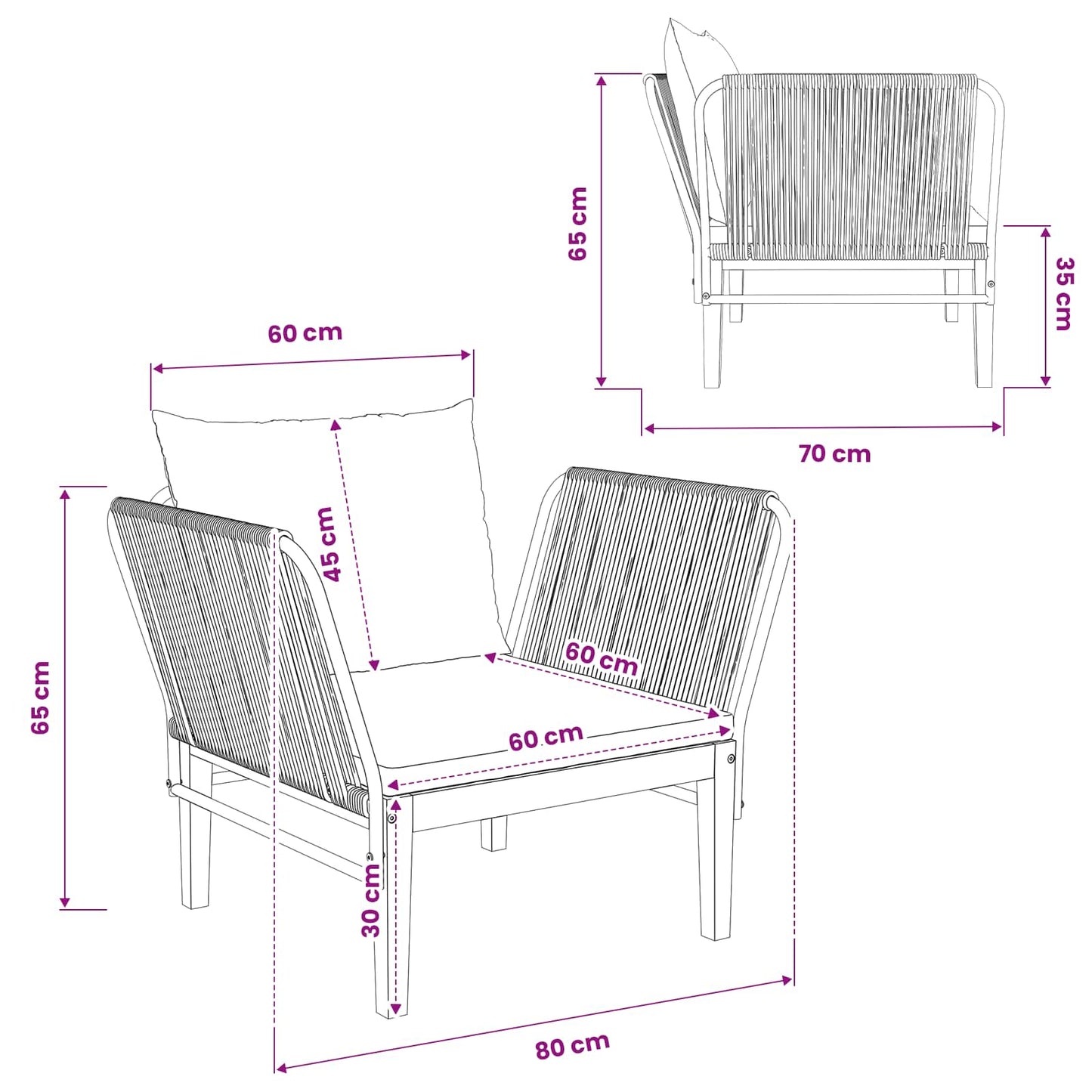 vidaXL Garden Chair with Cushions Solid Acacia Wood & Rope Natural