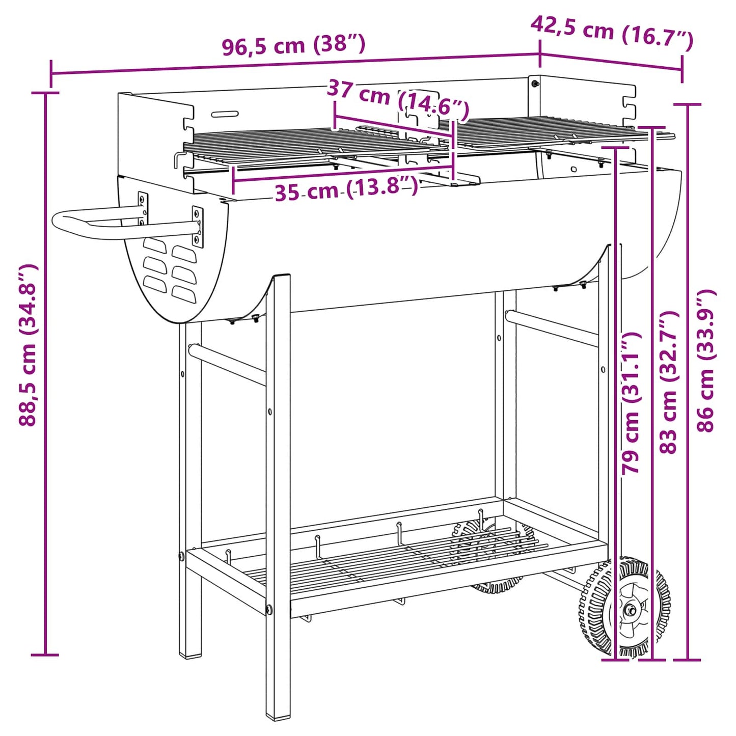 vidaXL Charcoal grill Adjustable Black 96.5 x 42.5 x 88.5 cm