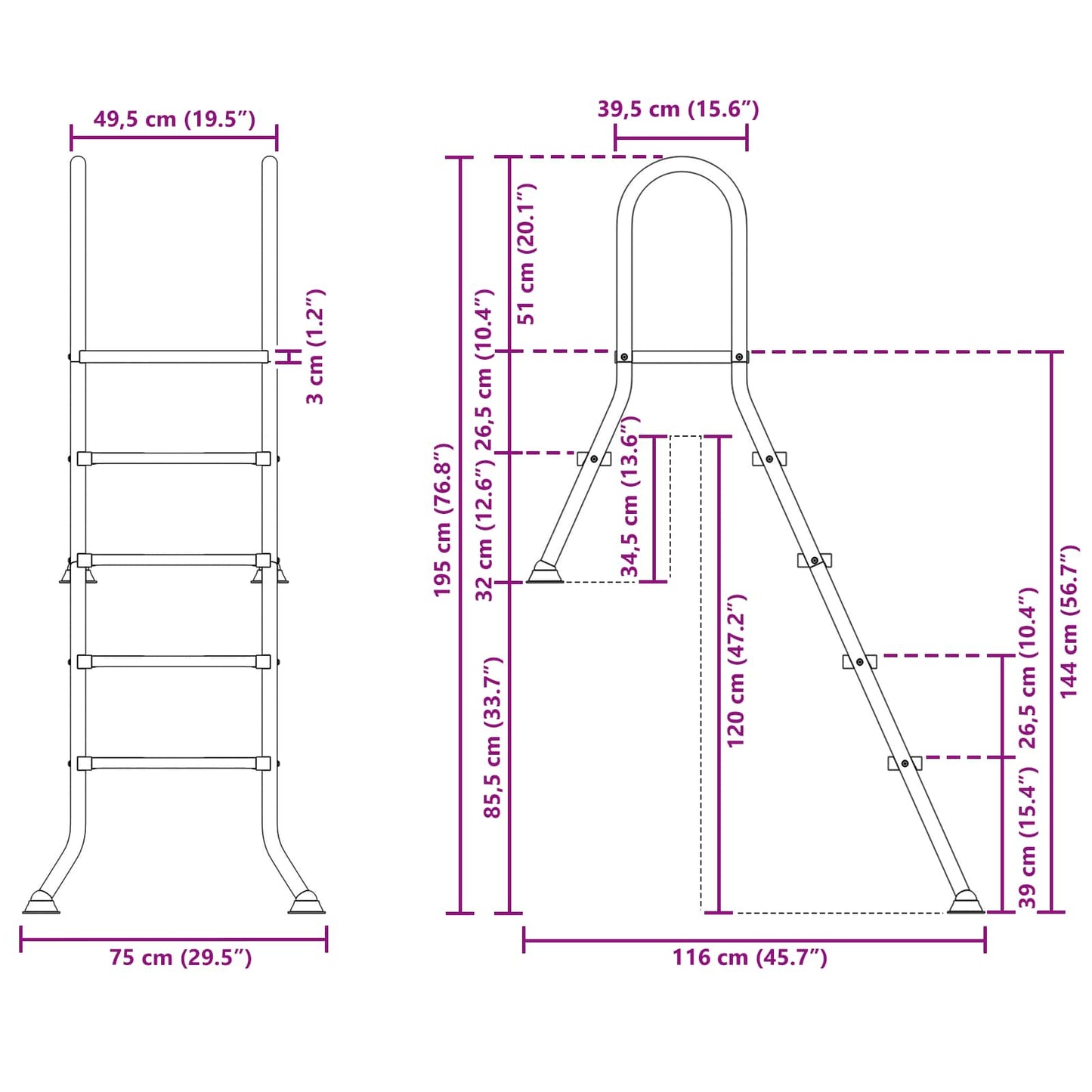 vidaXL Partially in-Ground Pool Ladder 195 x 116 cm 4-Step