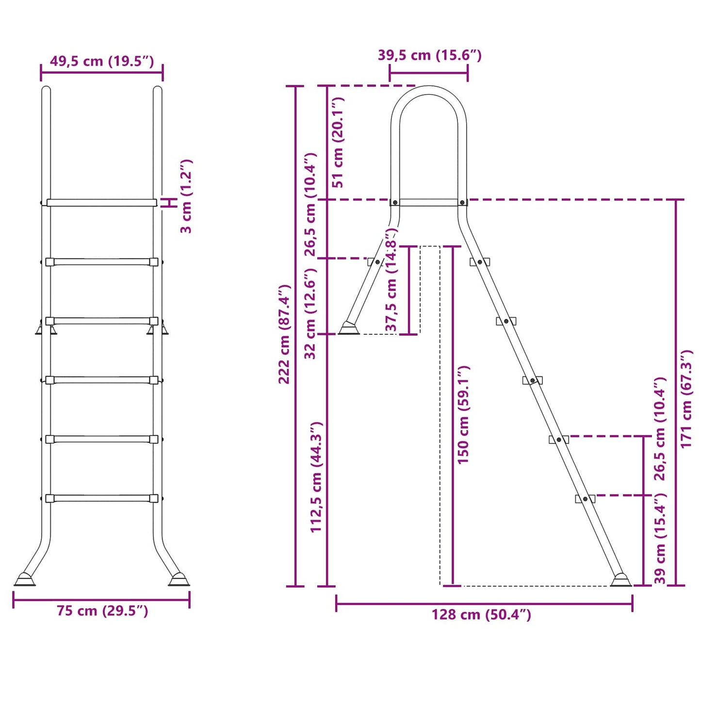 vidaXL Partially in-Ground Pool Ladder 222 x 128 cm 5-Step