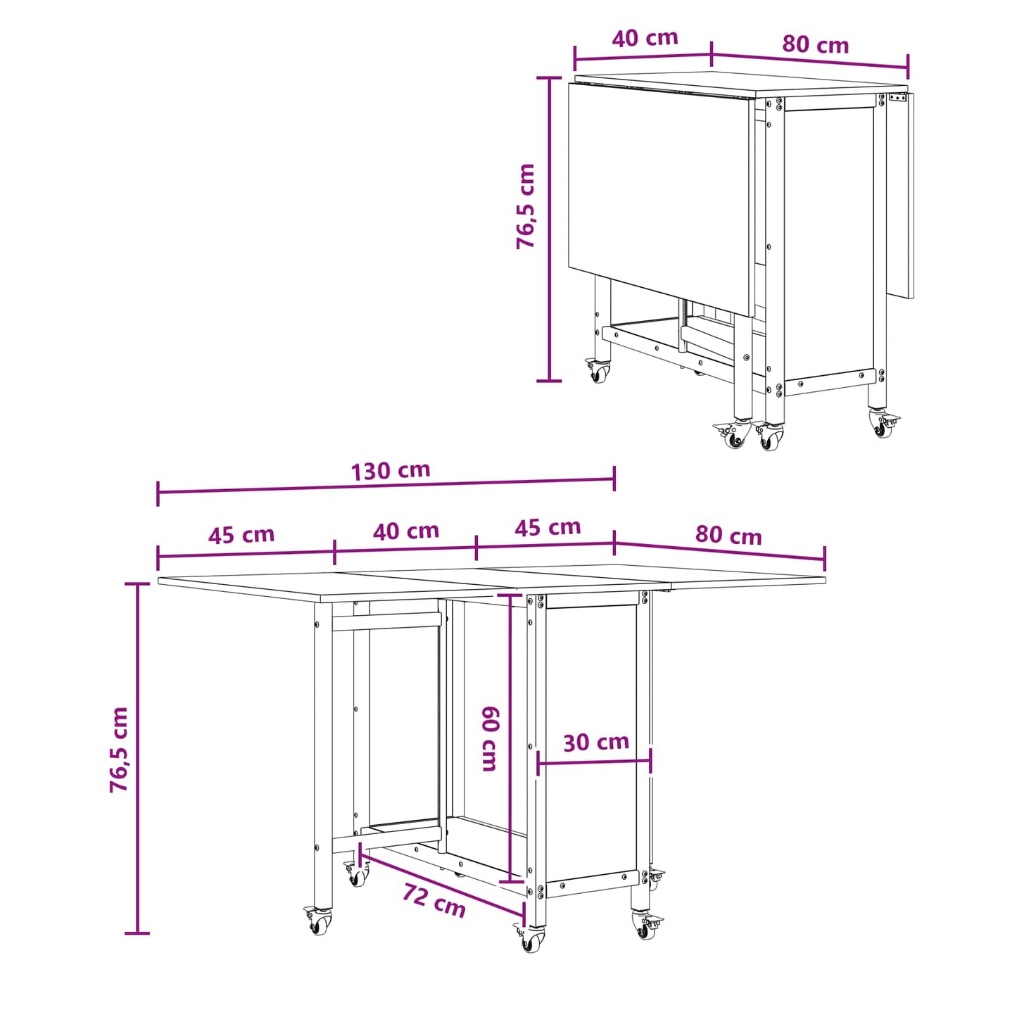vidaXL Folding Dining Table with Castors 130 x 80 x 76.5 cm