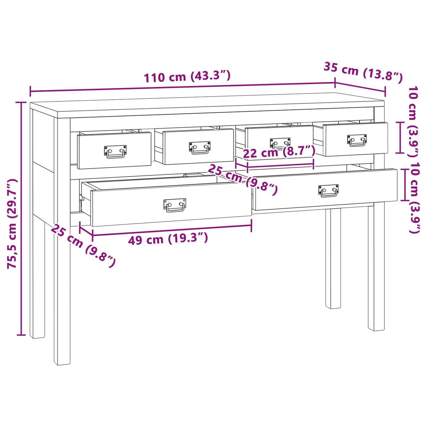 vidaXL Sideboard Natural 110 x 35 x 75.5 cm Solid Teak Wood