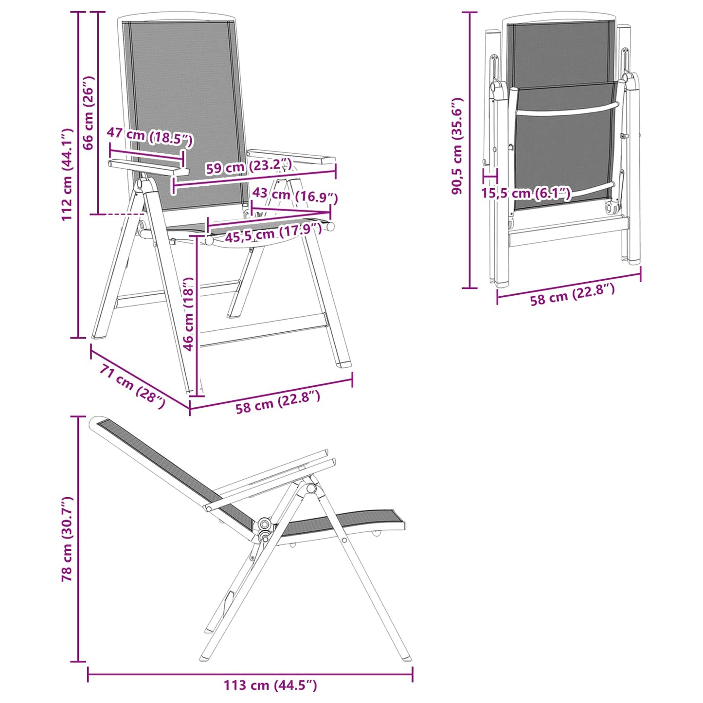 vidaXL Reclining Garden Chairs 2 pcs Black 58 x 71 x 112 cm Textilene