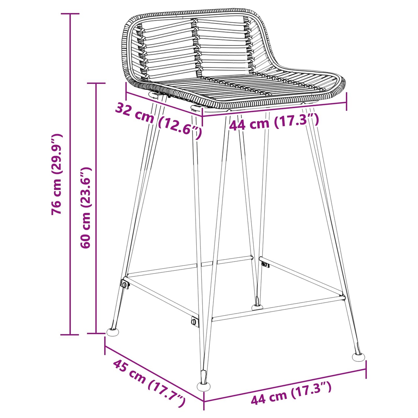 vidaXL Bar Stool 2 pcs Natural 44 x 45 x 76 cm Rattan and Steel