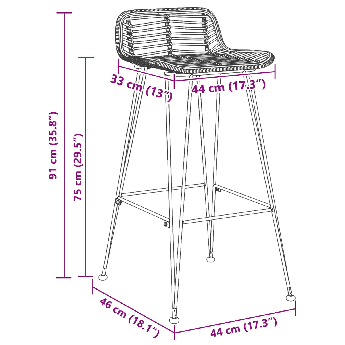 vidaXL Bar Chair 44 x 46 x 91 cm Rod Iron Dia, 10mm