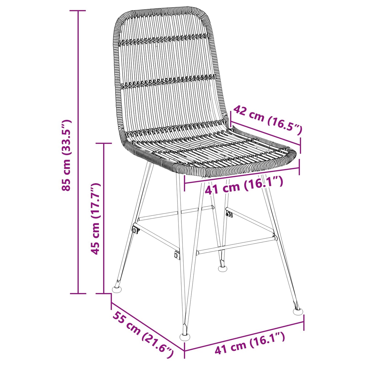 vidaXL Dinning Chair 2 pcs Natural 41 x 55 x 85 cm Rattan and Steel
