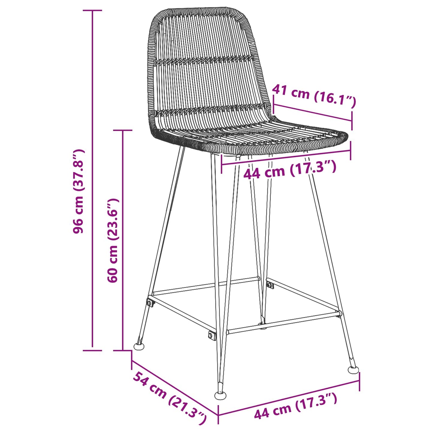 vidaXL Bar Stool 2 pcs Natural 44 x 54 x 96 cm Rattan and Steel