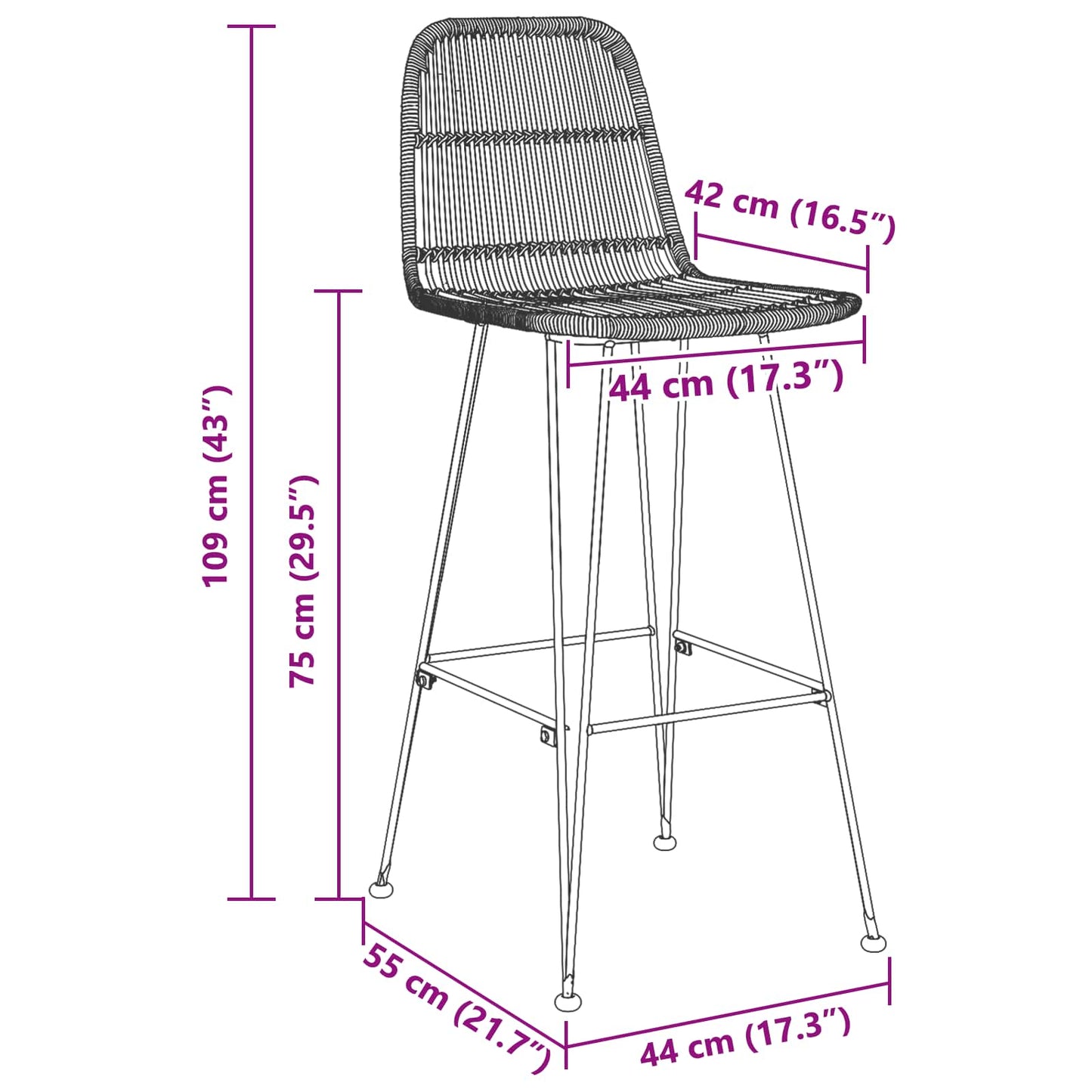 vidaXL Bar Stool 2 pcs Natural 44 x 55 x 109 cm Rattan and Steel
