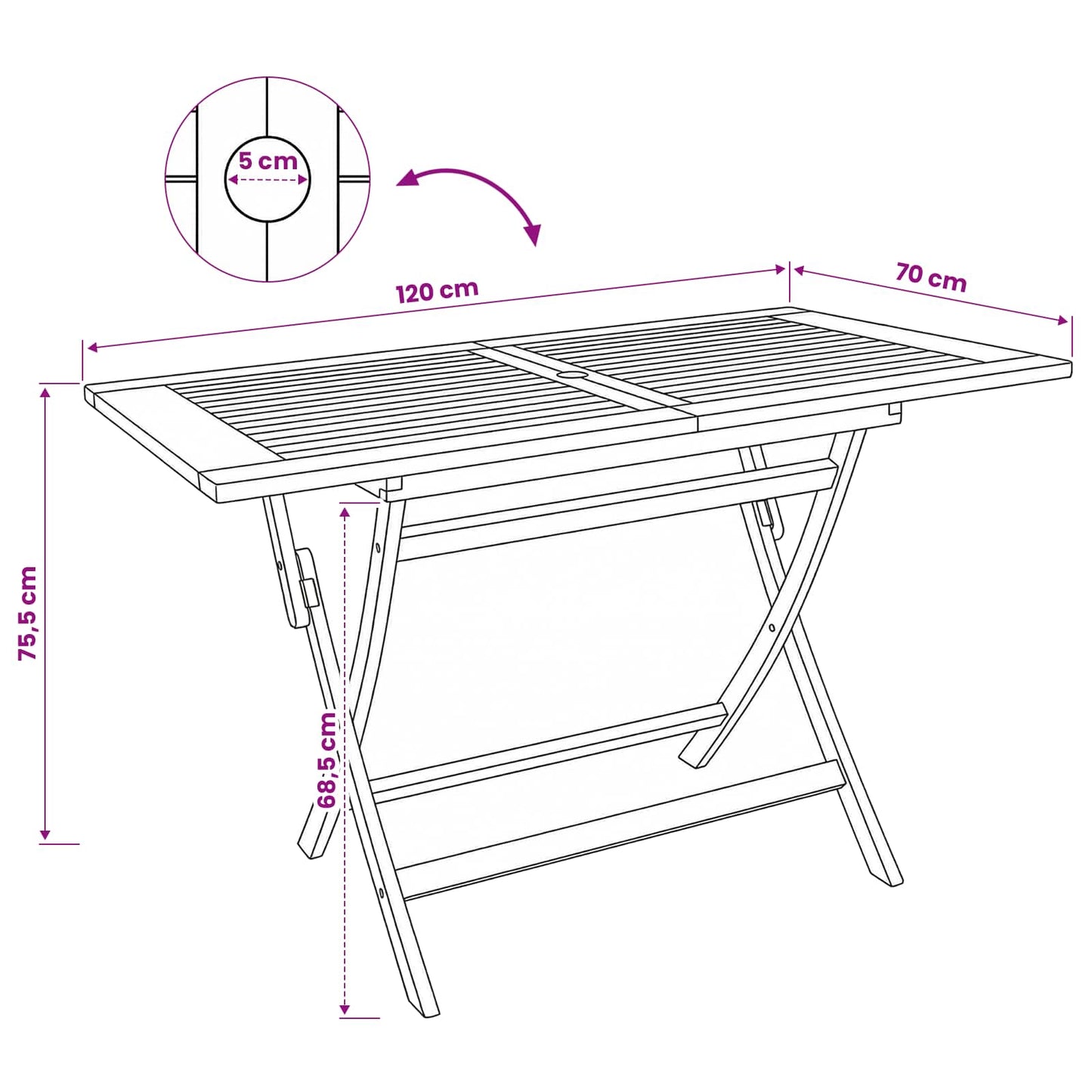 vidaXL Folding Garden Table Natural 120 x 70 x 75.5 cm Solid Teak Wood