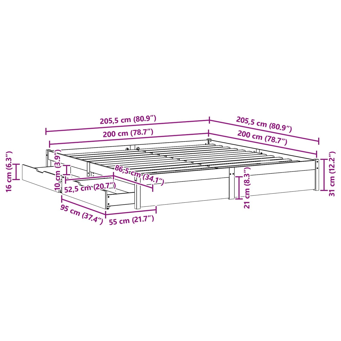 vidaXL Bed Frame with Drawer Wax Brown 200 x 200 cm Solid Pine Wood