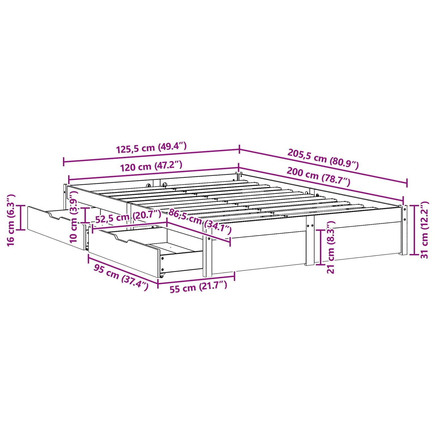 vidaXL Bed Frame with Drawer 3 pcs Wax Brown Solid Pine Wood