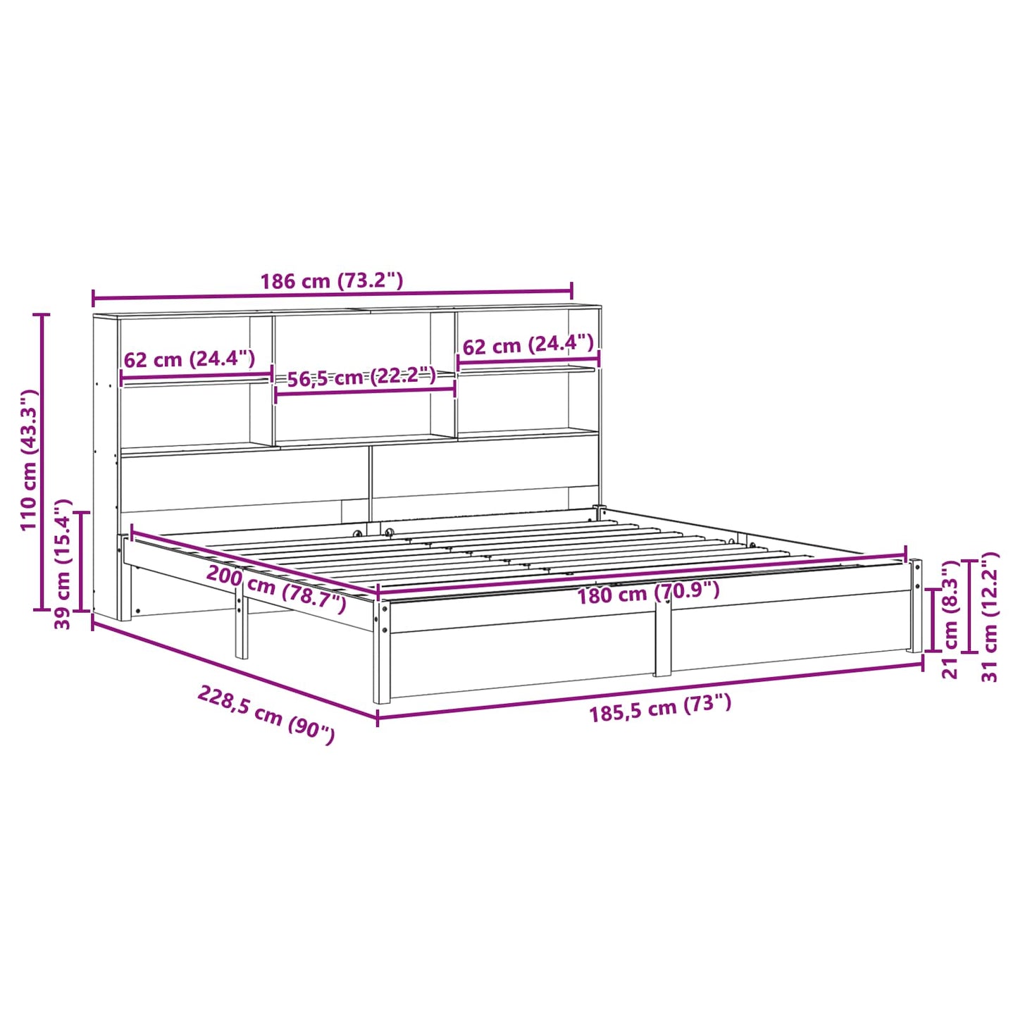 vidaXL Bookcase Bed Frame Wax Brown 180 x 200 cm Solid Pine Wood