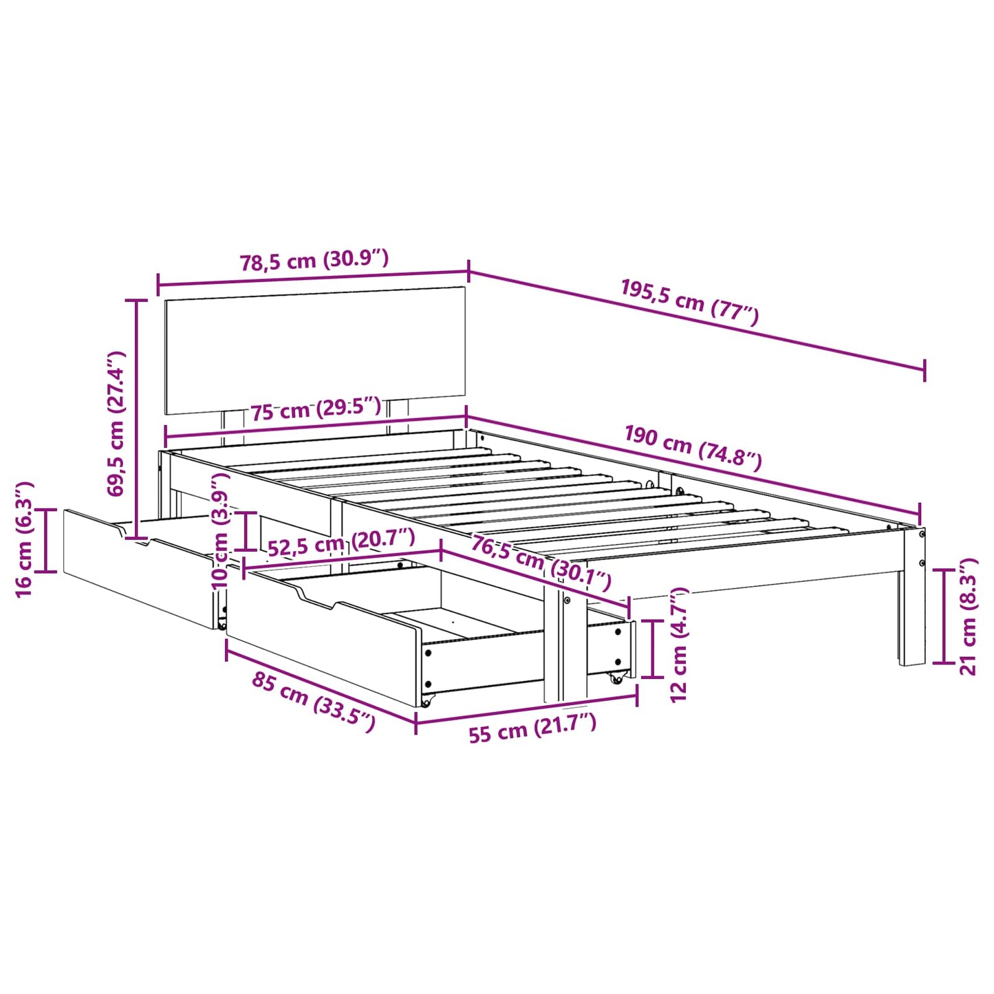 vidaXL Bed Frame with Headboard Wax Brown 70 x 190 cm Solid Pine Wood
