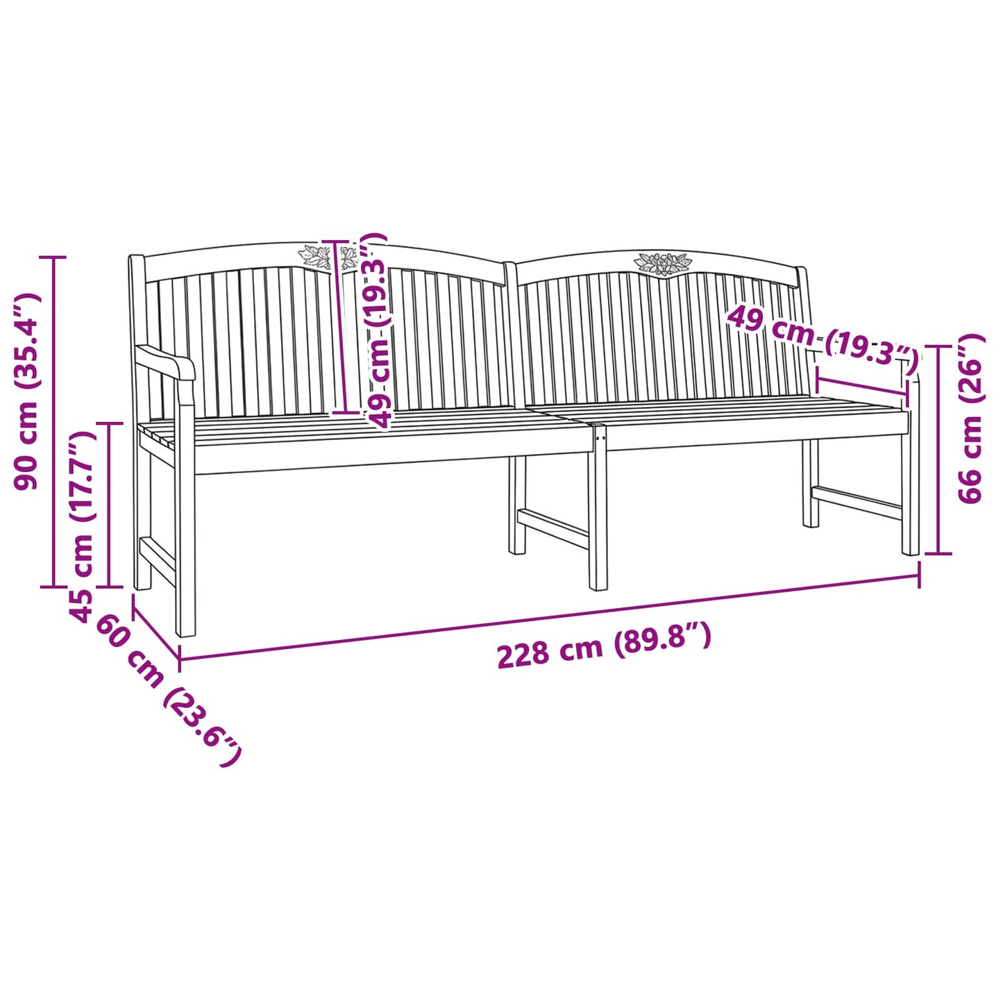 vidaXL Handcarved Rose Bench Natural 228 x 60 x 90 cm Solid Teak Wood