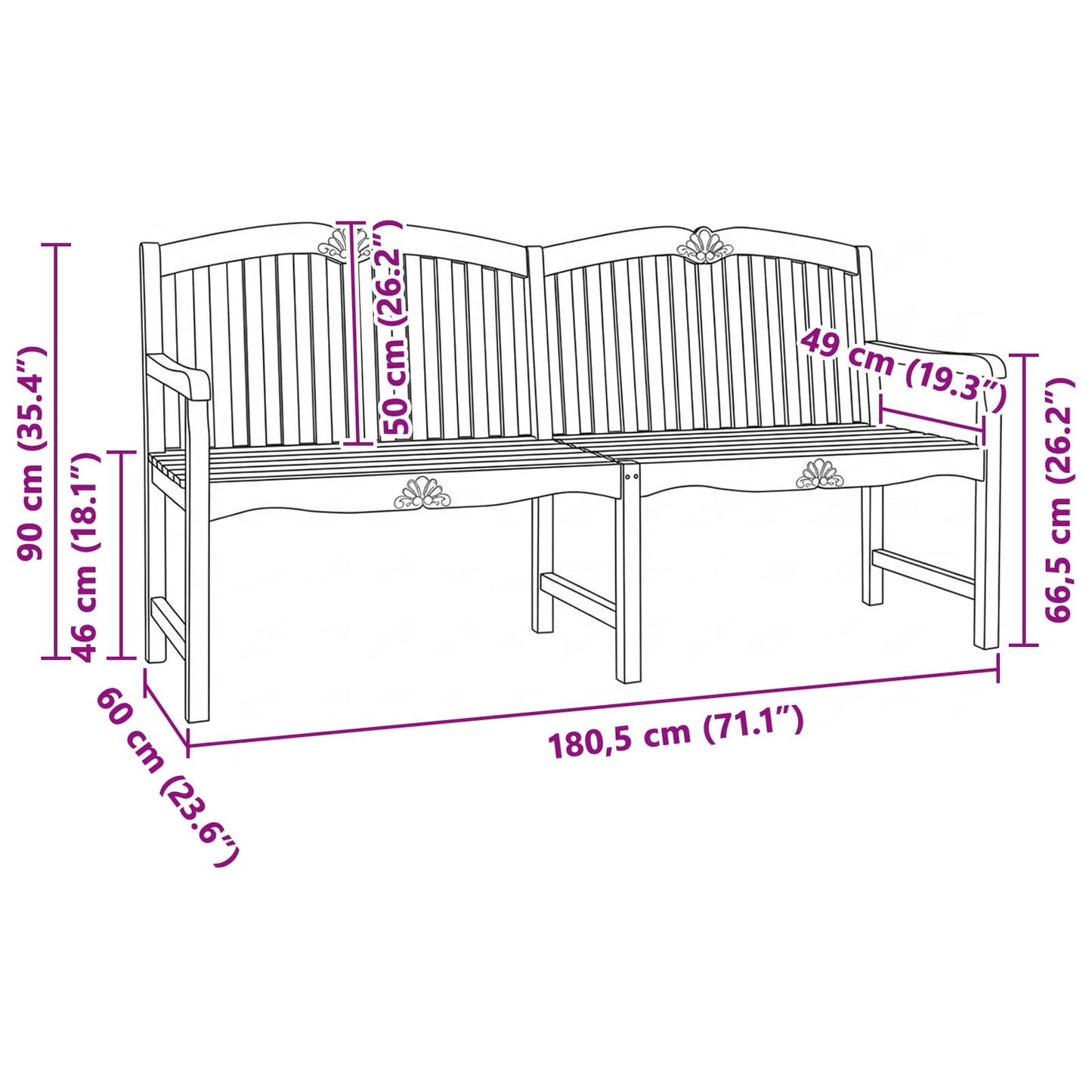 vidaXL Handcarved Rose Bench Natural 180.5 x 60 x 96 cm