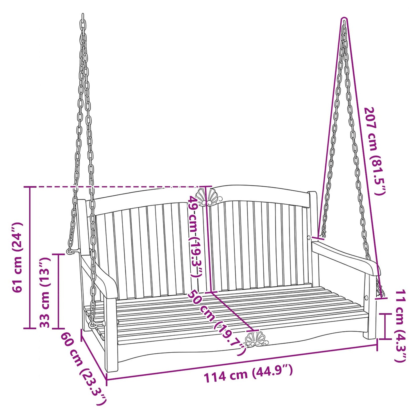 vidaXL Swing Bench Natural 114 x 60 x 60.5 cm Solid Teak Wood