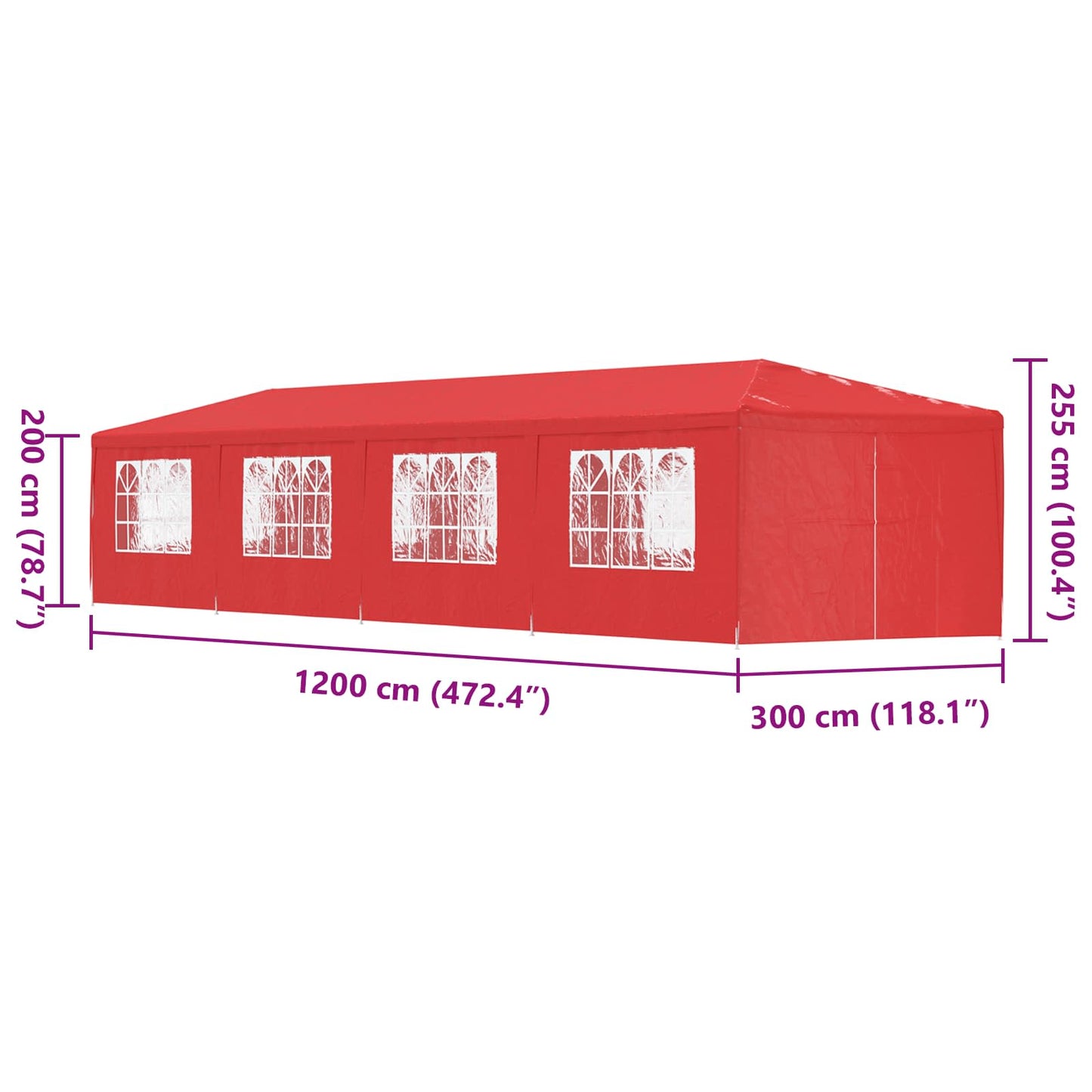 vidaXL Party Tent 1200 x 300 x 255 cm Red PE and Steel