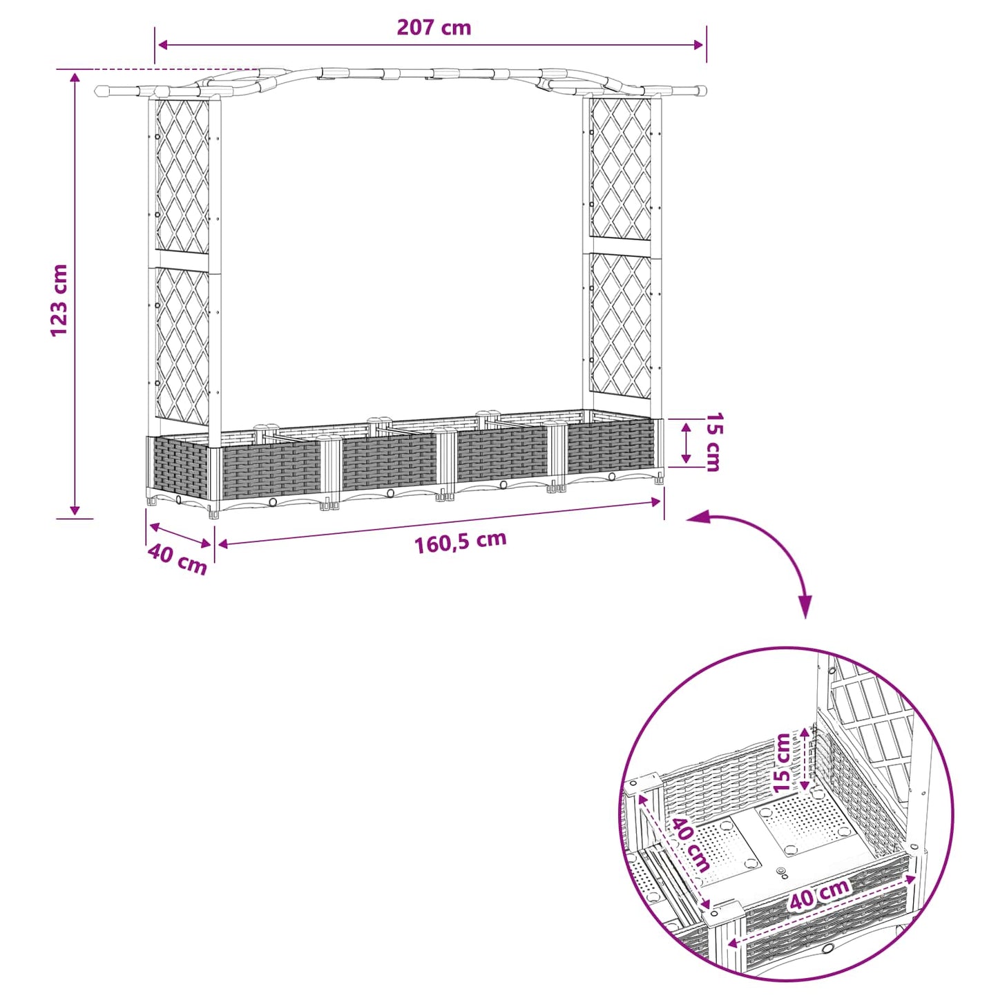 vidaXL Raised Bed with Trellis and Roof Brown 207 x 40 x 123 cm PP