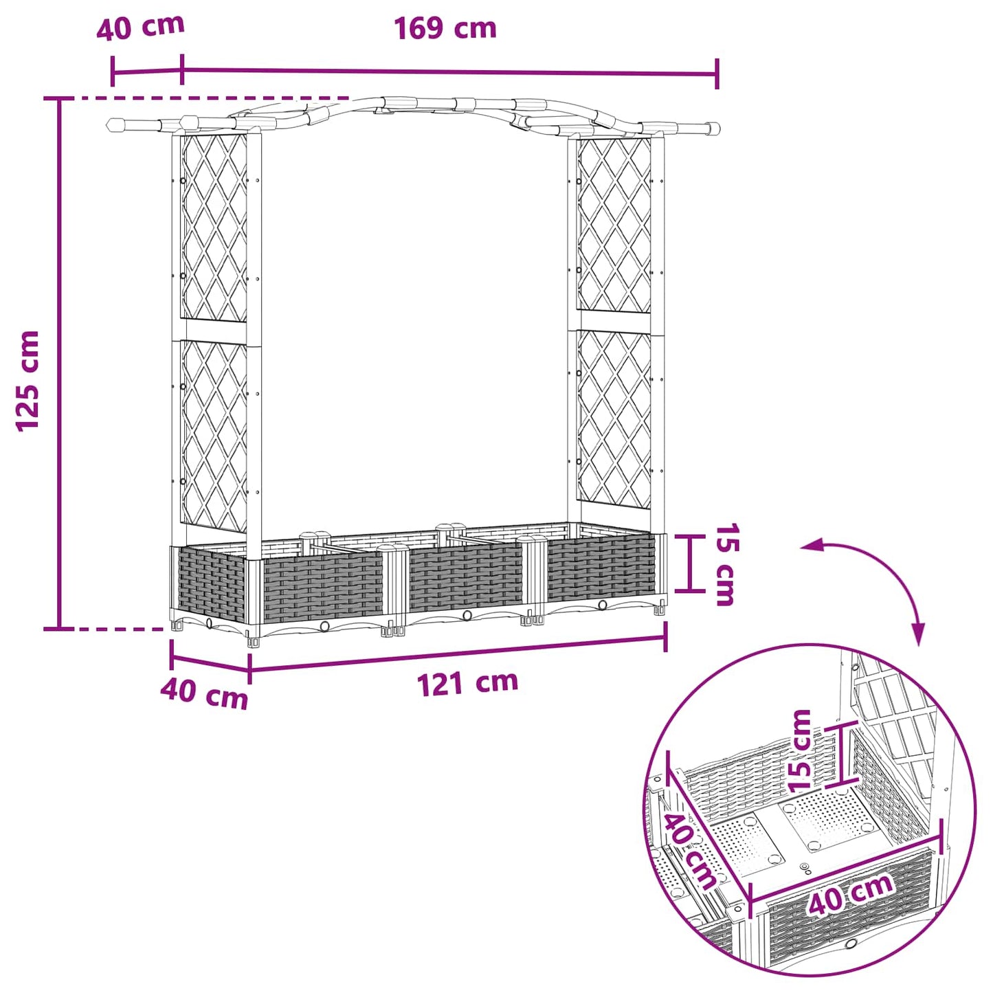 vidaXL Raised Bed with Trellis and Roof Black 169 x 40 x 123 cm PP
