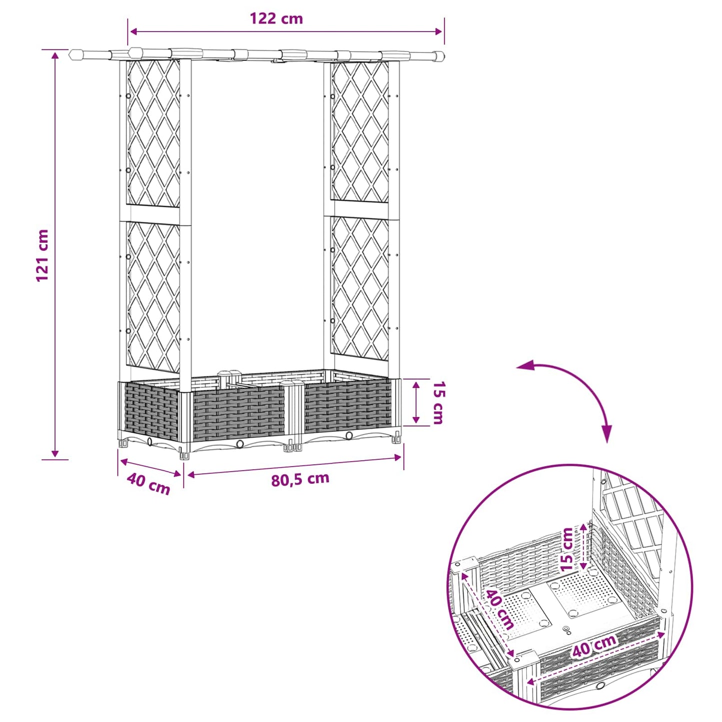 vidaXL Raised Bed with Trellis and Roof Black 124 x 40 x 123 cm PP