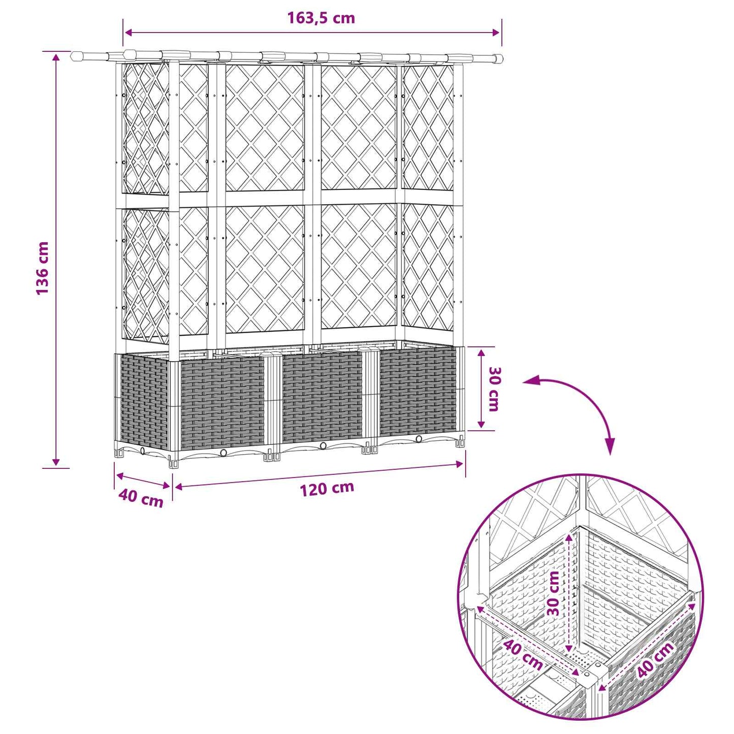vidaXL Raised Bed with Trellis and Roof Black 163.5 x 40 x 136 cm PP