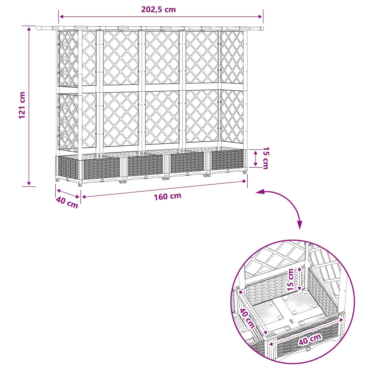 vidaXL Raised Bed with Trellis and Roof Grey 202.5 x 40 x 121 cm PP