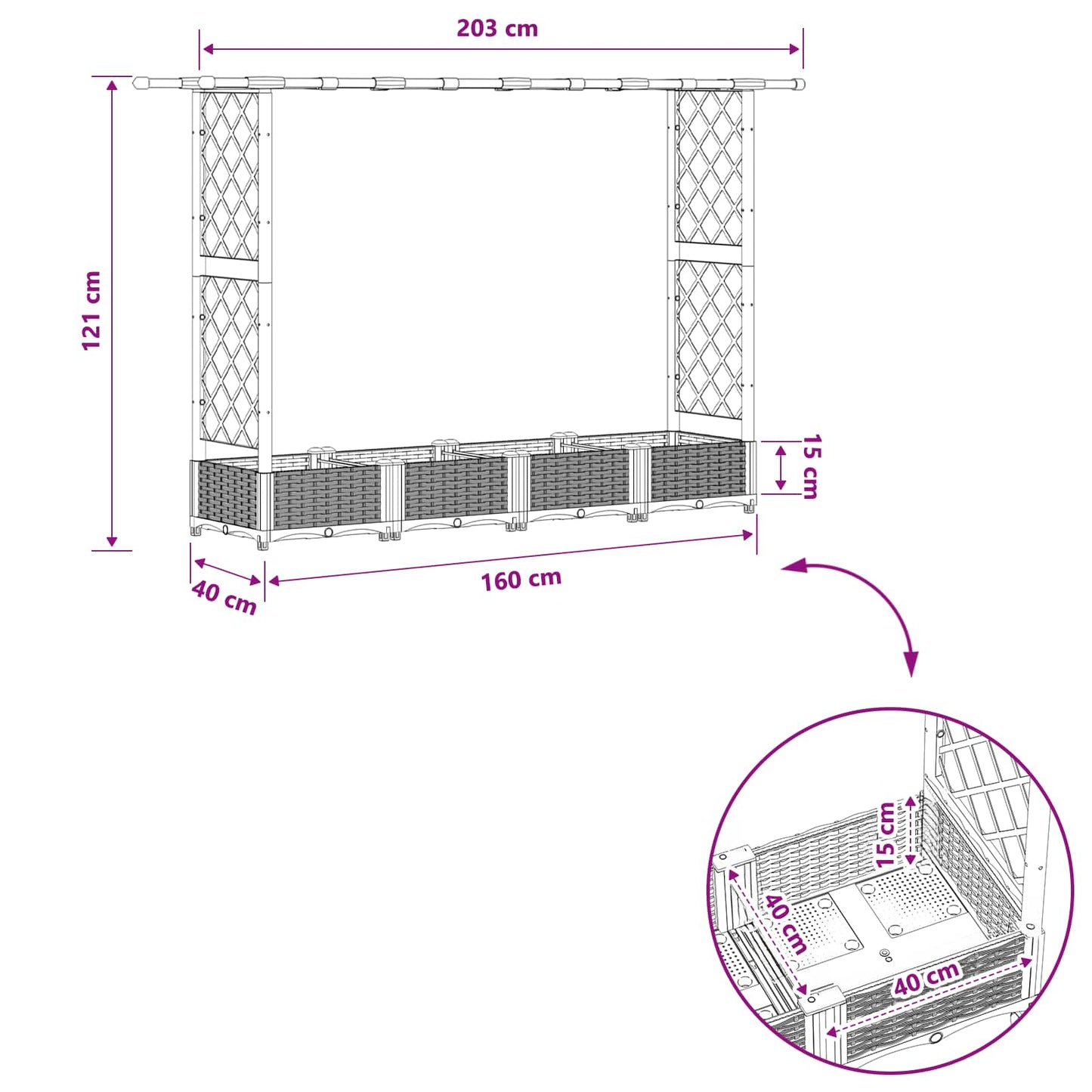 vidaXL Raised Bed with Trellis and Roof Light Grey 203 x 40 x 121 cm