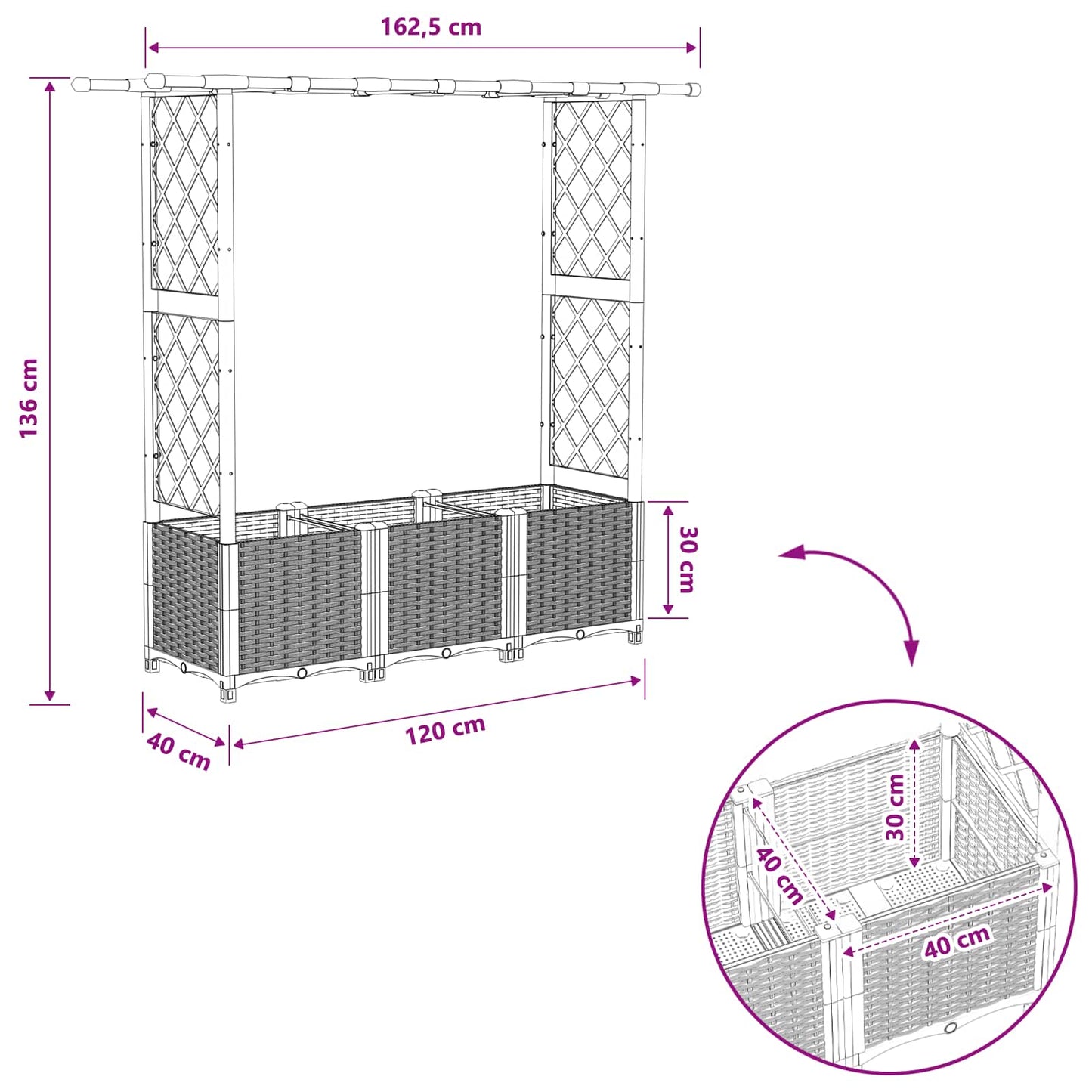 vidaXL Raised Bed with Trellis and Roof Light Grey 162.5 x 40 x 136 cm