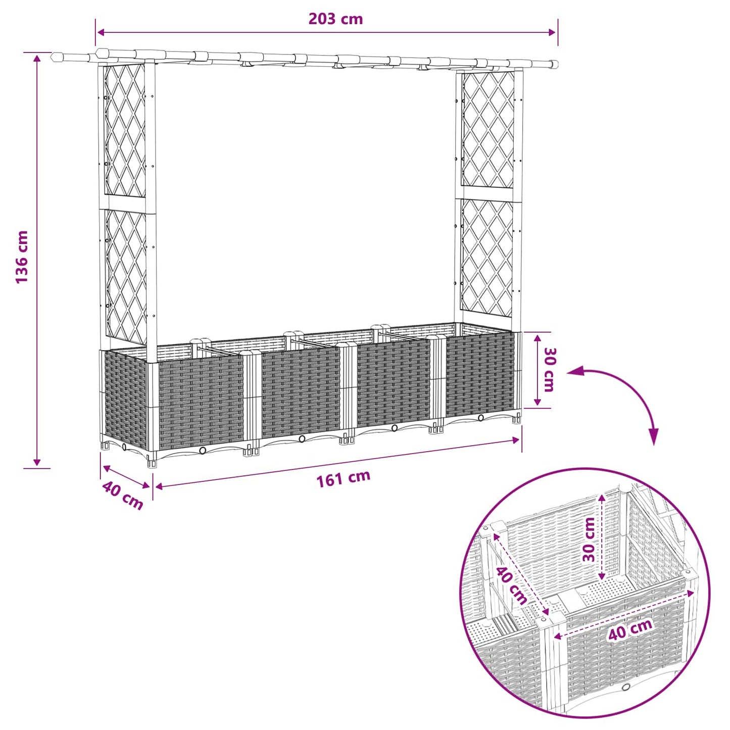 vidaXL Raised Bed with Trellis and Roof Light Grey 203 x 40 x 136 cm
