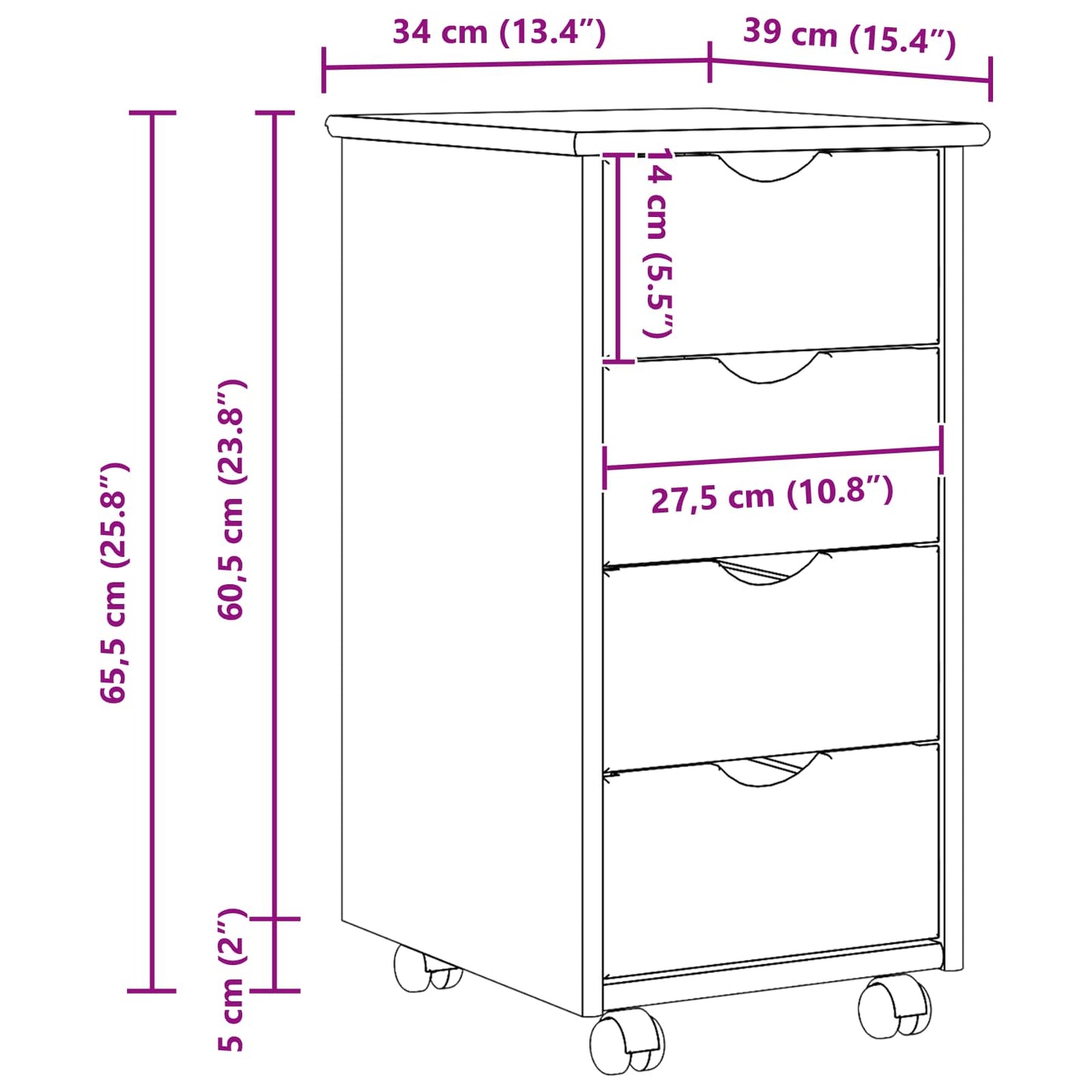 vidaXL Rolling Cabinet Brown 65.5 x 34 x 39 cm Solid Pine Wood