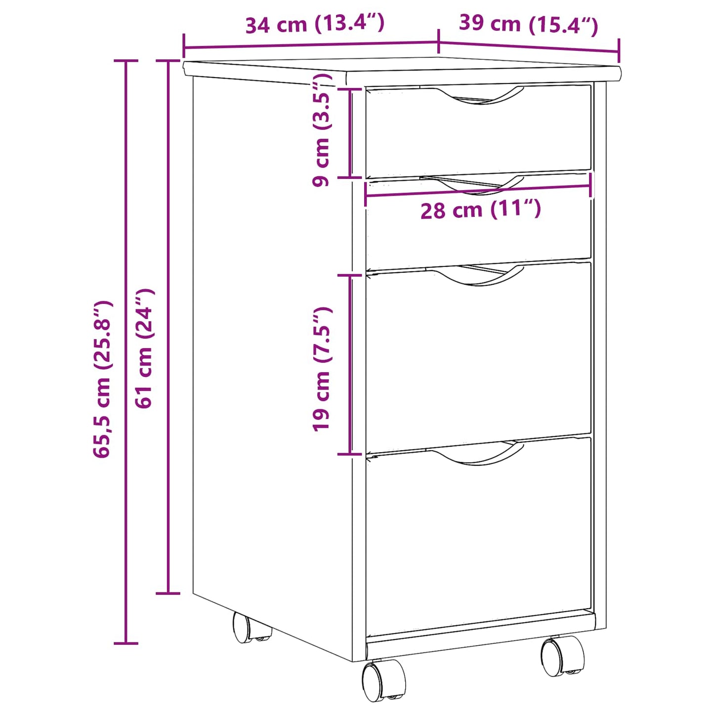 vidaXL Rolling Cabinet with Desk MOSS Clear Varnish 34 x 39 x 65.5 cm